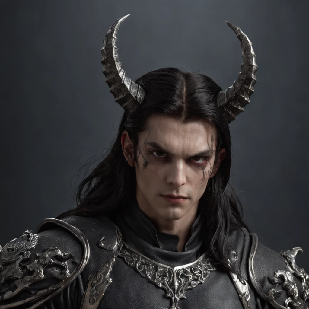 A dark boy Tiflin, Evil eyes, Wearing leather black armor, Dark silver, Pale and dark skin, Bright eyes, Intricate horns, Black hair flowing, Long hair, sport, Muscular, Hot, Malicious eyes, epic angle, Dark background, medieval fantasy, art by Alan Lee