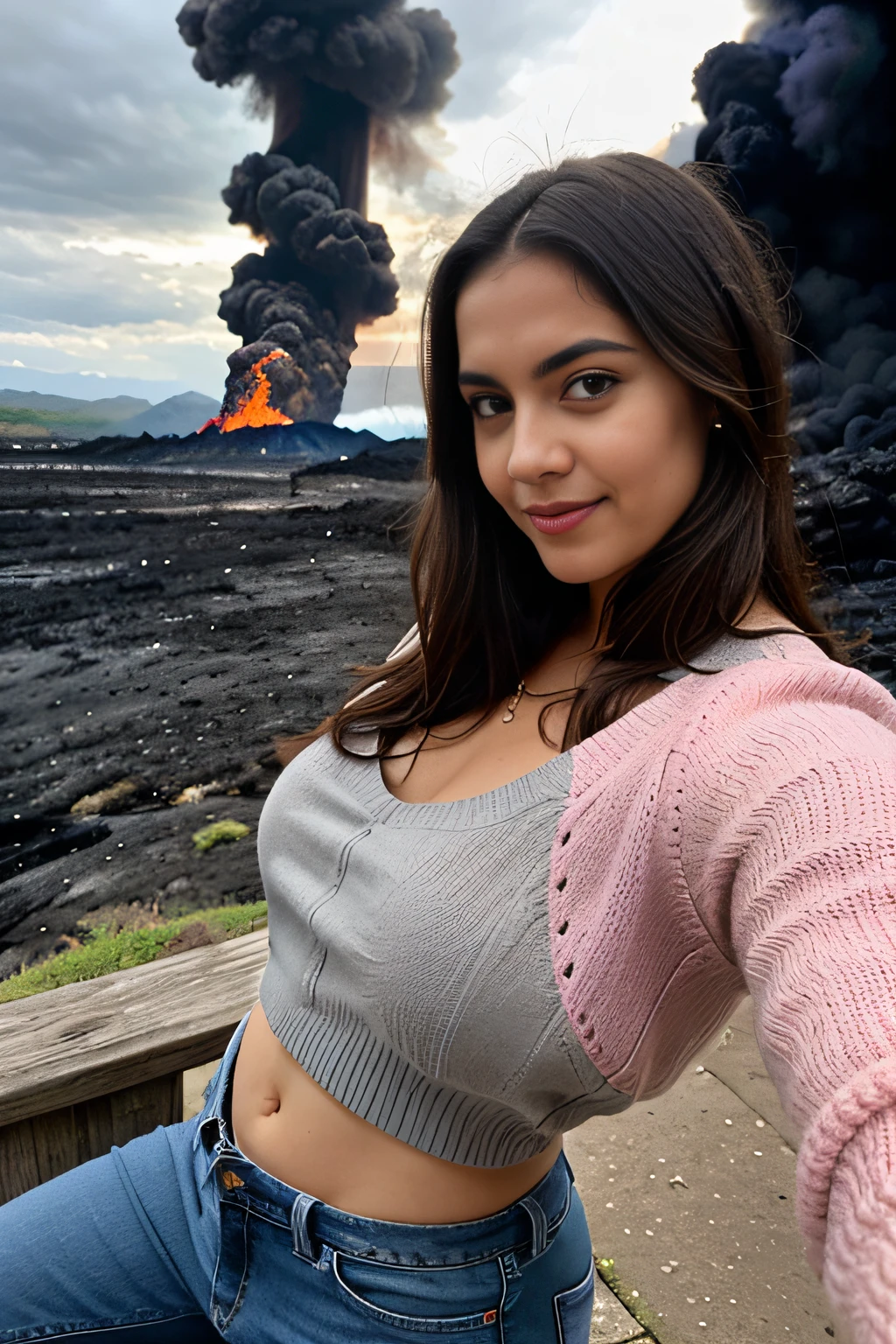 1 mulher sereia, long flowing hair, wearing a pink sweater, Denim Jeans Pants, Botas, ((selfie corpo inteiro corpo, Feliz)), obra-prima, melhor qualidade, ultradetalhada, sozinha, de frente a um lago de lava quente em sua frente, volcanoes in the background, grey sky, dia nublado, nuvens escuras, Fire and smoke around, Alegre, Feliz, usando um top decotado, contraste, Estilo, (matiz quente, tom quente): 1.2), Close-up, cinematiclight, dim side lighting, Ultra high resolution, melhor sombra, ....RAW, parte superior do corpo.