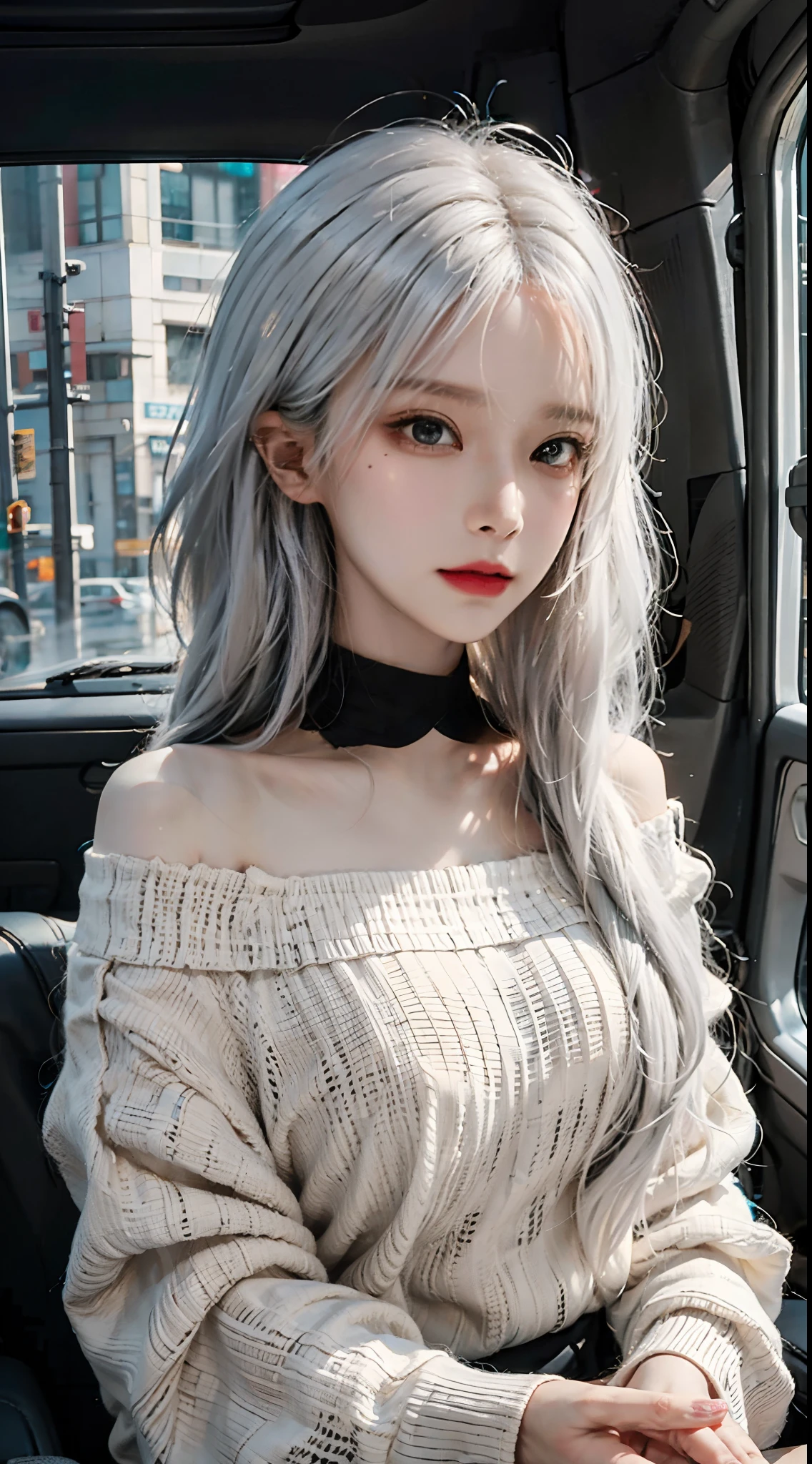 mid-shot, a beautiful woman looking into camera, white hair, off shoulder sweater by Chris Foss autumn lights