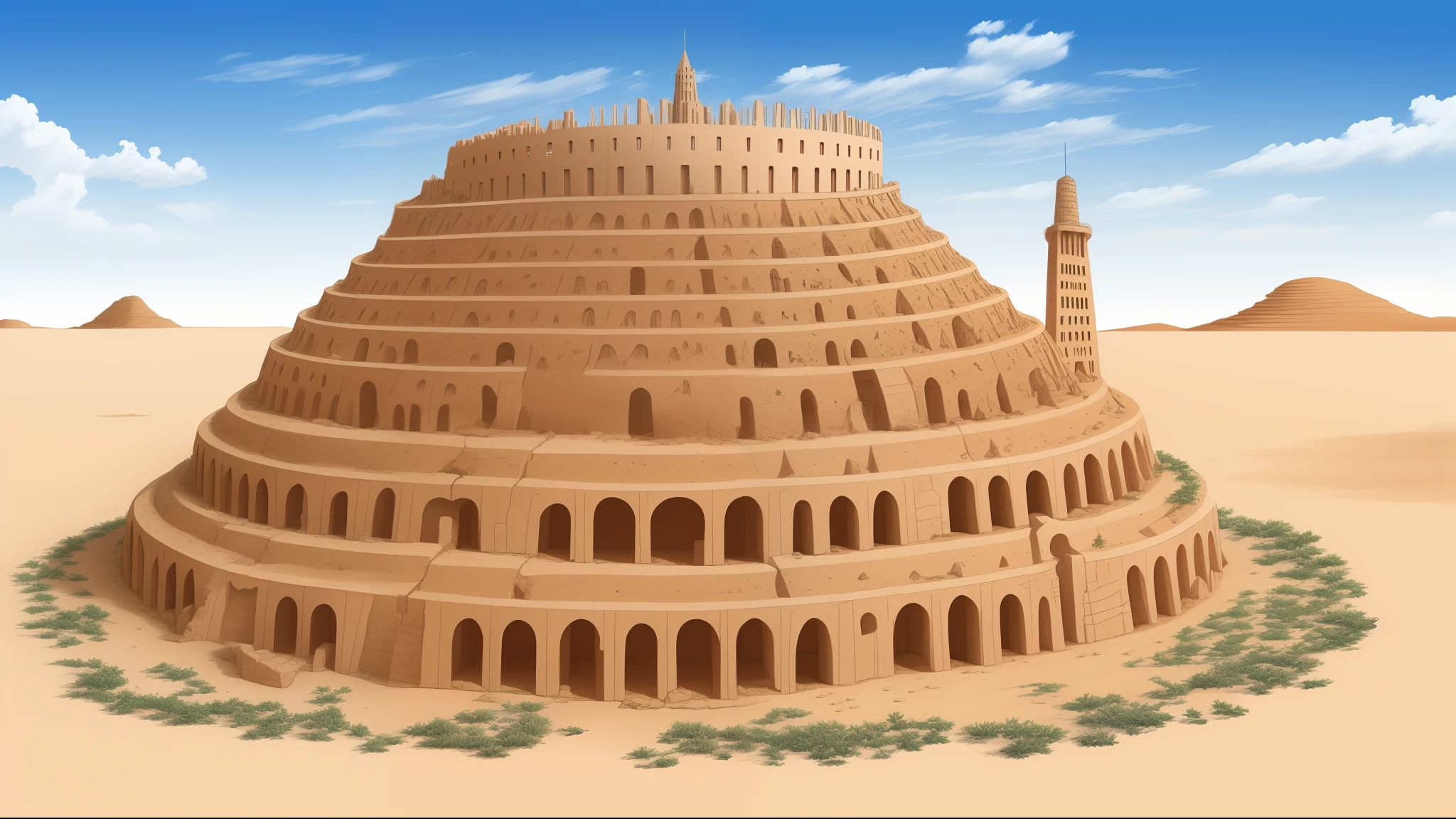 Uma torre gigante no deserto, bem detalhada, with sun dust, Illustration of the tower of Babel