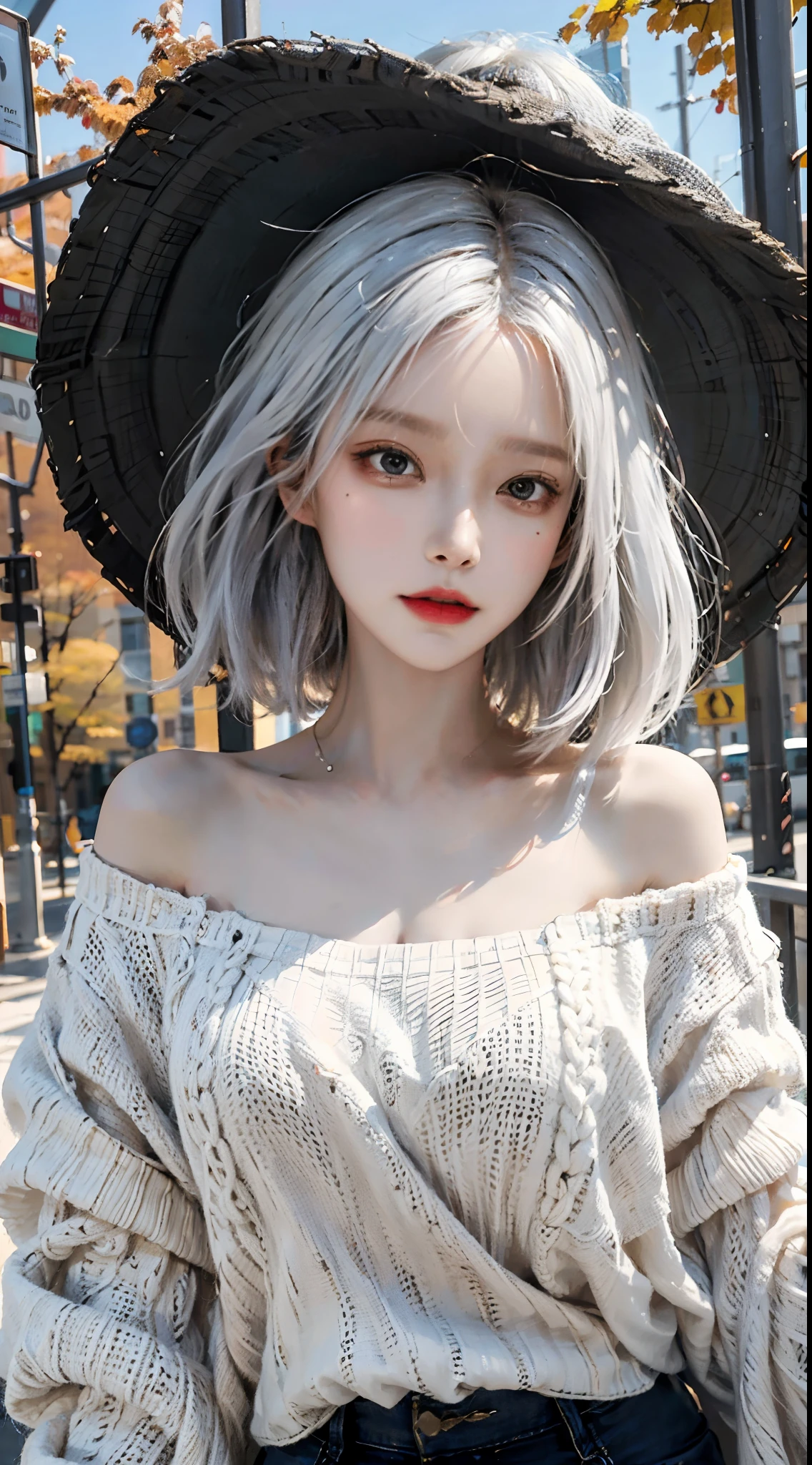 mid-shot, a beautiful woman looking into camera, white hair, off shoulder sweater by Chris Foss autumn lights