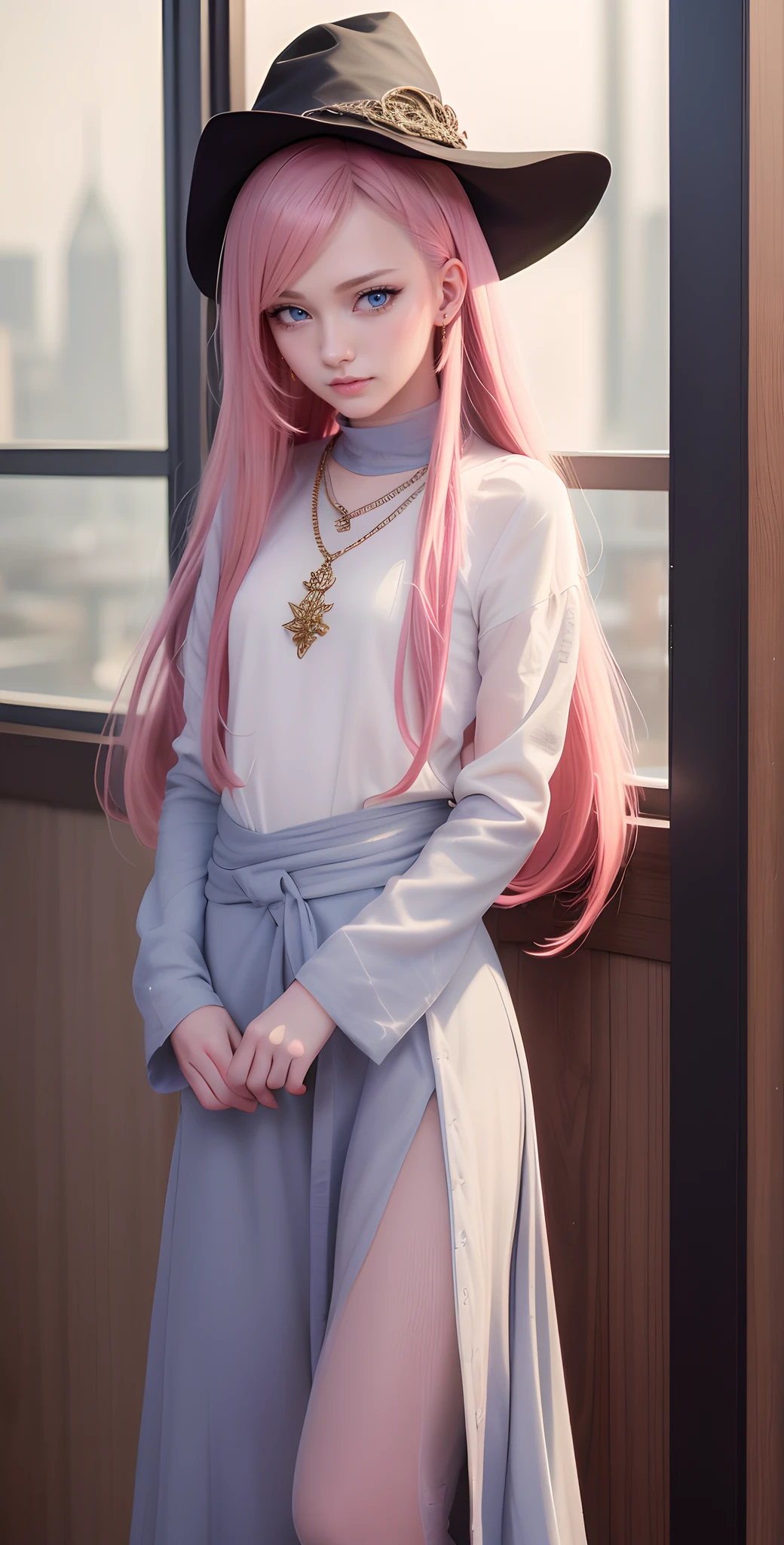 ​masterpiece, top-quality, Adults, different color, finely eye and detailed face, intricate detailes, Wizarding World Costumes, Inside the coffee shop, During the walk, A smile, Happiness, tenderness, youthfulness, high-level image quality、 Beautuful Women、tall、window、𝓡𝓸𝓶𝓪𝓷𝓽𝓲𝓬、Englishman, Idol Photos, k pop, Professional Photos, the witch, Fedoman with necklace, inspired by Sim Sa-jeong, Androgynous witch, :9 detailed face: 8, extra detailed face, detailed punk hair, ((Light blue eyes)) baggy eyes, Seductive. Highly detailed, semi realistic anime, Vampires, hyperrealistic teen, Delicate androgynous princess, imvu, Woman with long hair, Woman with a gentle expression, ((Woman with pretty long pink hair and light blue eyes)),