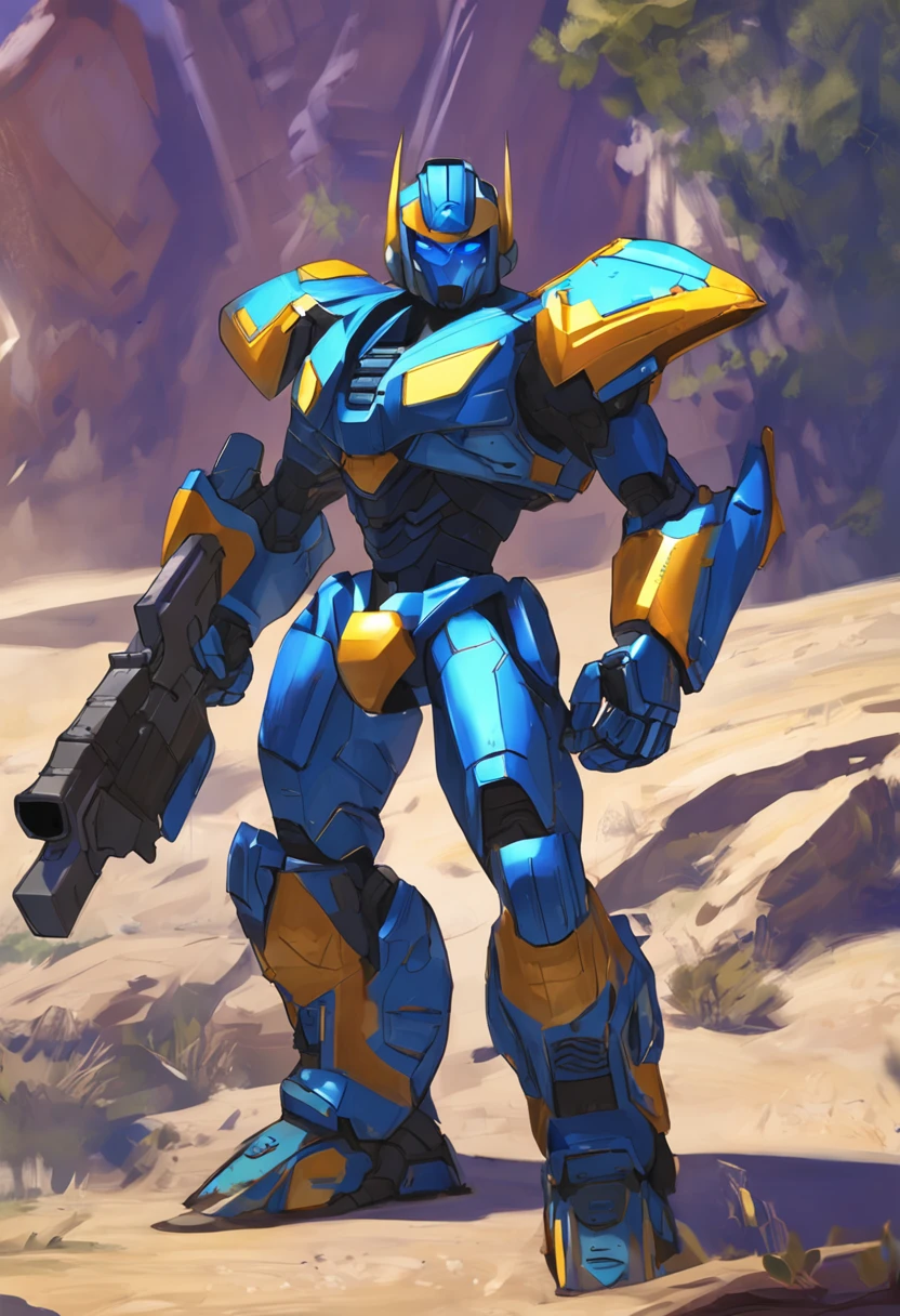 Megaman X, 7 foot tall robot transformers look, full blue armor, full blue helm but open mouth area, large size blue boots up to knee, running at view, large arm weapon aim at view