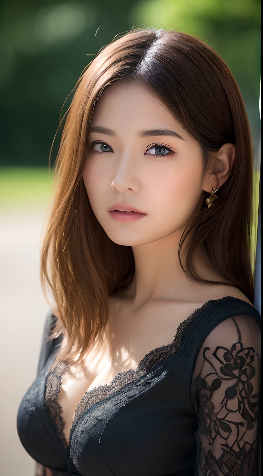 ((top-quality、8k、masterpiece:1.3))、Crisp focus:1.2、Beautiful Women in Perfect Style:1.4、Slender abs:1.2、((Dark brown hair、huge tit:1.2))、(Black lace shirt:1.1)、white walls:1.2、Highly detailed facial and skin texture、A detailed eye、二重まぶた