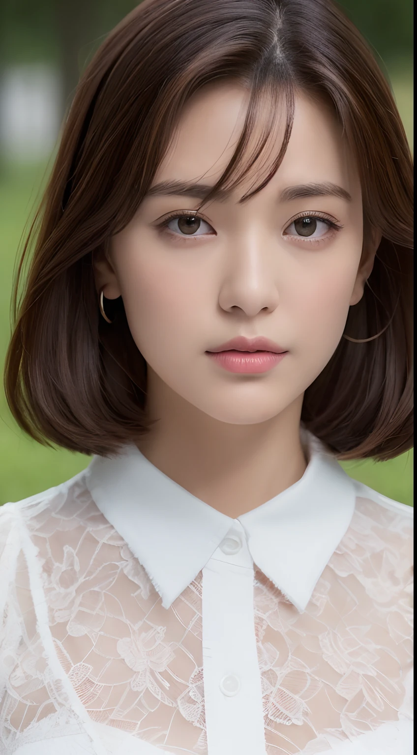 (in 8K,Raw photography,Highest Quality,realisitic,Photorealsitic,extremely delicate and beautiful,Highly detailed,finely detail,ultra-detailliert,hight resolution:1.3),japanes, femele、(age19)、Viewer's Perspective Beautiful and shiny straight bob hair Bangs are parted in the middle Embarrassed look Half-open lips (Beautiful fece:1.2) (kawaii:1.3) front facing Half-open lips Beautifully groomed hair ((Beautiful pink rose garden on background))、((Accurate and detailed human body:1.3)) Erotic look Colossal tits Camisole of thin threads of fabric