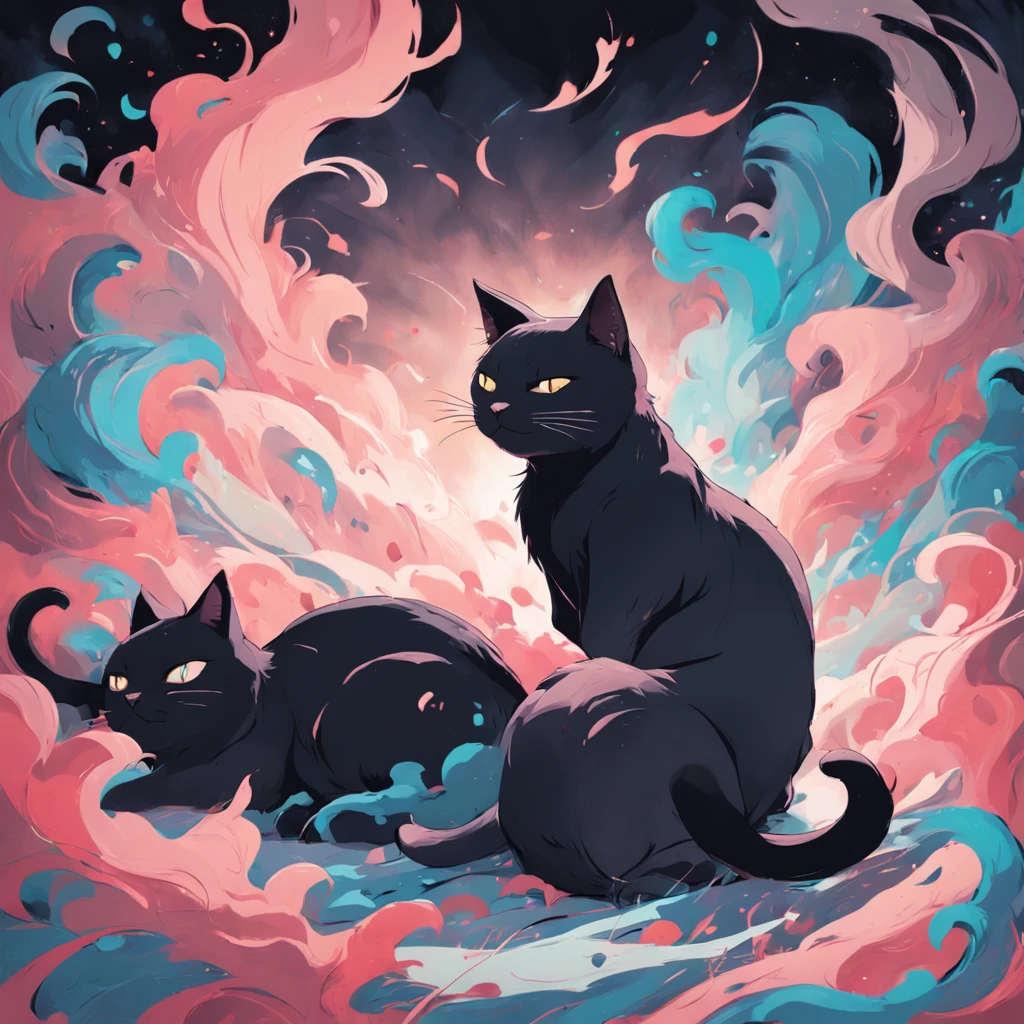 Cat in art, yawning、leisure、Main color Black, Secondary color cyan, Pastel pink background, artistic, Sophisticated, Warm style, Shapes include abstract cats, Playful forms, Elegant piece, Textures include fur textures, Smooth paint, Fabric texture, The lines contain graceful lines, Natural curves, Delicate silhouette, The shape is elegant, approachable, Expressive, Aesthetic.