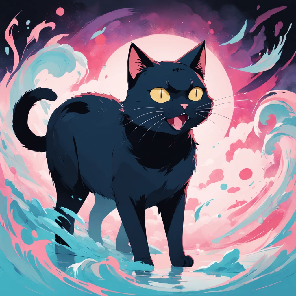 Cat in art, yawning、leisure、Main color Black, Secondary color cyan, Pastel pink background, artistic, Sophisticated, Warm style, Shapes include abstract cats, Playful forms, Elegant piece, Textures include fur textures, Smooth paint, Fabric texture, The lines contain graceful lines, Natural curves, Delicate silhouette, The shape is elegant, approachable, Expressive, Aesthetic.