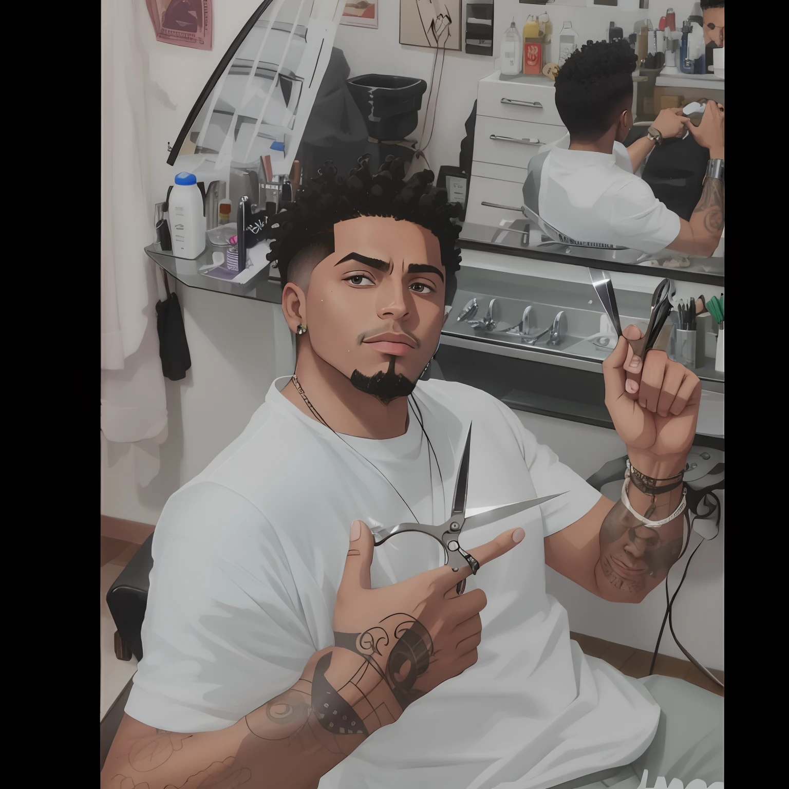 Cartoon of a barber with scissors in hand, homem negro tatuado