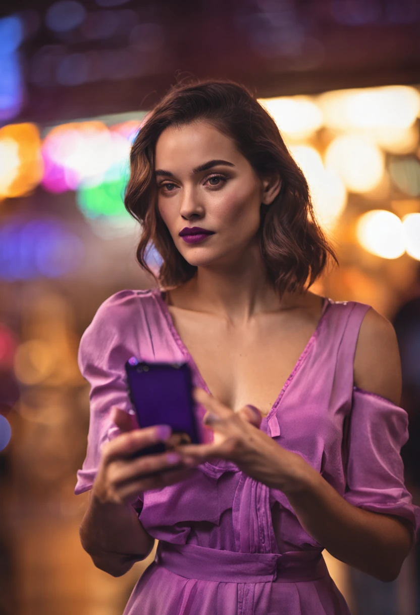 RAW photo, white dark haired girl, clothed, without tattoos, selfie, holding phone, iphone, woman wearing a short purple dress, taking photo, computer , (high detailed skin:1.2), 8k uhd, dslr, soft lighting, high quality, film grain, Fujifilm XT3,