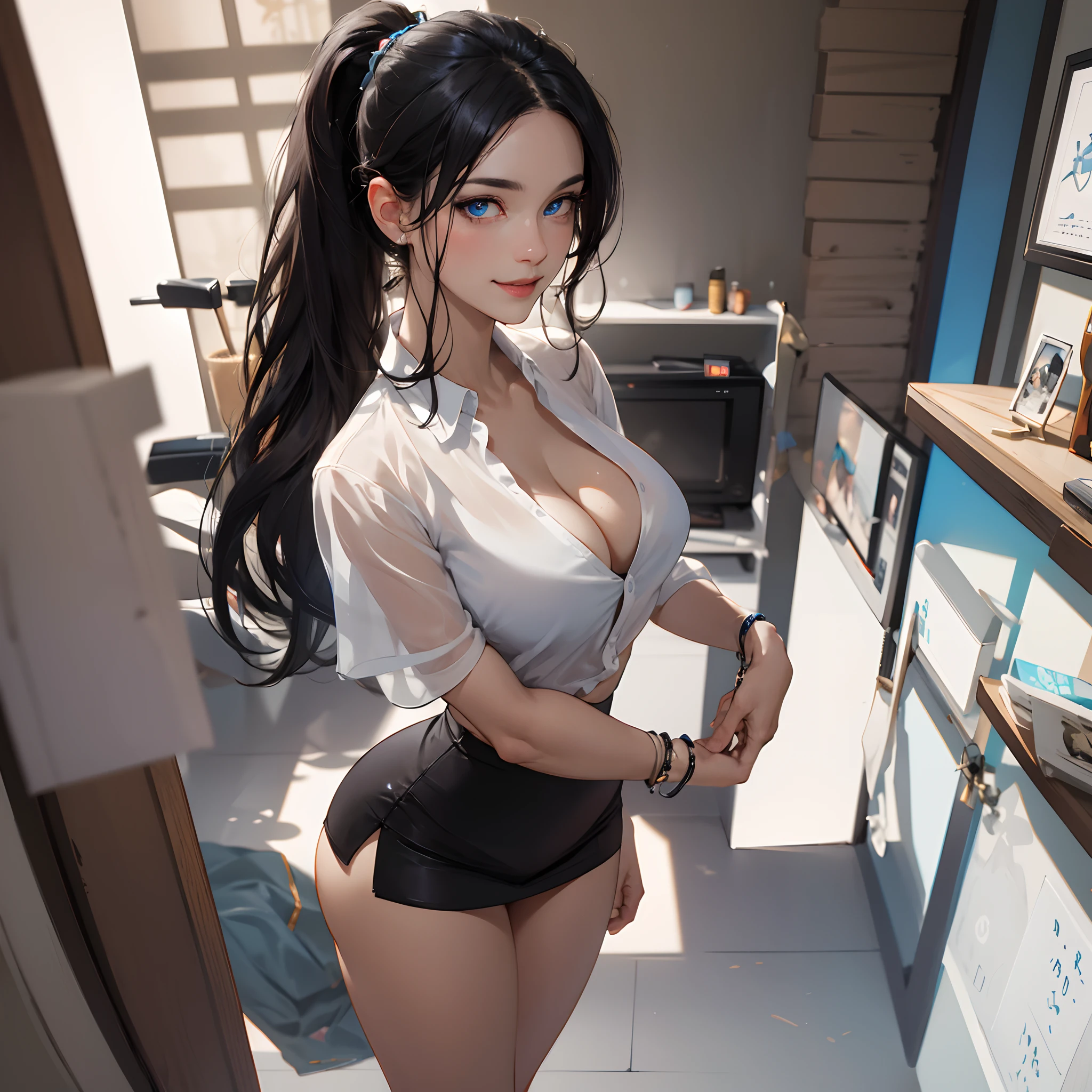 mature female, black hair, very long hair, ponytail, blue eyes, blush, open smile, transparent cleavage, see-through, cleavage, miniskirt, erect, huge ass, medium breasts, thick thighs, 1girl, masterpiece, best quality, (highres), absurdres, 4K, 8K, 16K, beautiful face, beautiful body, symmetrical face, gorgeous, deep eyes, realistic shaded, stunning, intricate, hyper-detailed, highly detailed, sharp, smooth, sharp focus, realistic, anime, manga, ((ringed eyes)), shiny skin, house, living room
