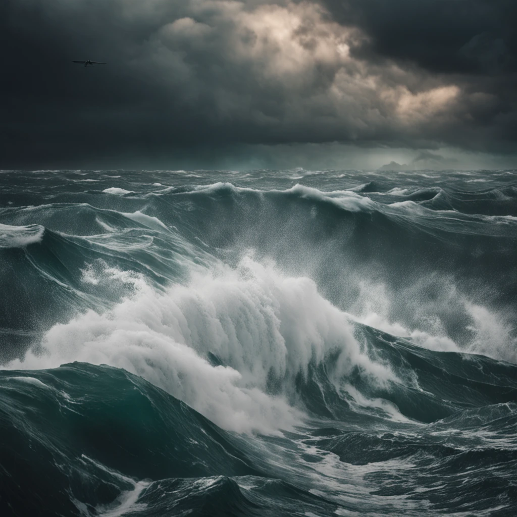 {Generate an Image of} a powerful and turbulent storm engulfing a vast expanse of ocean, with waves crashing against a ship that finds itself caught within the eye of the storm. The scene is characterized by dark and menacing clouds that dominate the sky, accompanied by intense lightning flashes and swirling winds. The waves are colossal, rising high and crashing with fury against the sides of the ship. In the center of this chaos, a surreal calmness emerges as the ship enters the eye of the storm, where the sky momentarily clears and the sea becomes surprisingly serene. The contrast between the chaotic outer tempest and the relative calmness within the eye is the focal point of the composition.