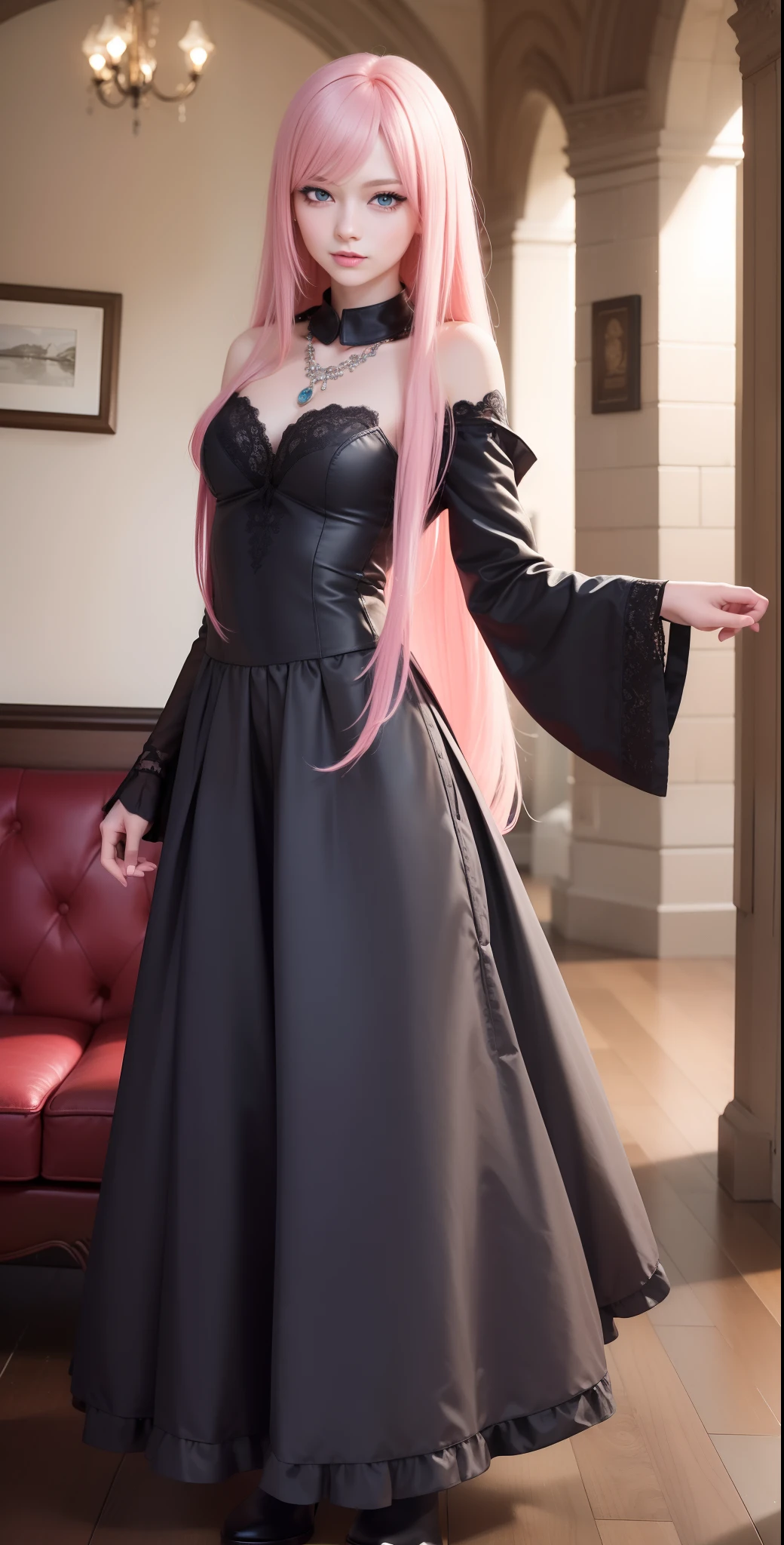 masterpiece, top-quality, Adults, different color, finely eye and detailed face, intricate detailes, Wizarding World Costumes, Inside the coffee shop, During the walk, A smile, Happiness, tenderness, youthfulness, high-level image quality、 Beautuful Women、tall、window、𝓡𝓸𝓶𝓪𝓷𝓽𝓲𝓬、Englishman, Idol Photos, k pop, Professional Photos, the witch, Fedoman with necklace, inspired by Sim Sa-jeong, Androgynous witch, :9 detailed face: 8, extra detailed face, detailed punk hair, ((Light blue eyes)) baggy eyes, Seductive. Highly detailed, semi realistic anime, Vampires, hyperrealistic teen, Delicate androgynous princess, imvu, Woman with long hair, Gentle smiling woman, Sexy look, glamor, sexypose, ((Woman with pretty long pink hair and light blue eyes)),