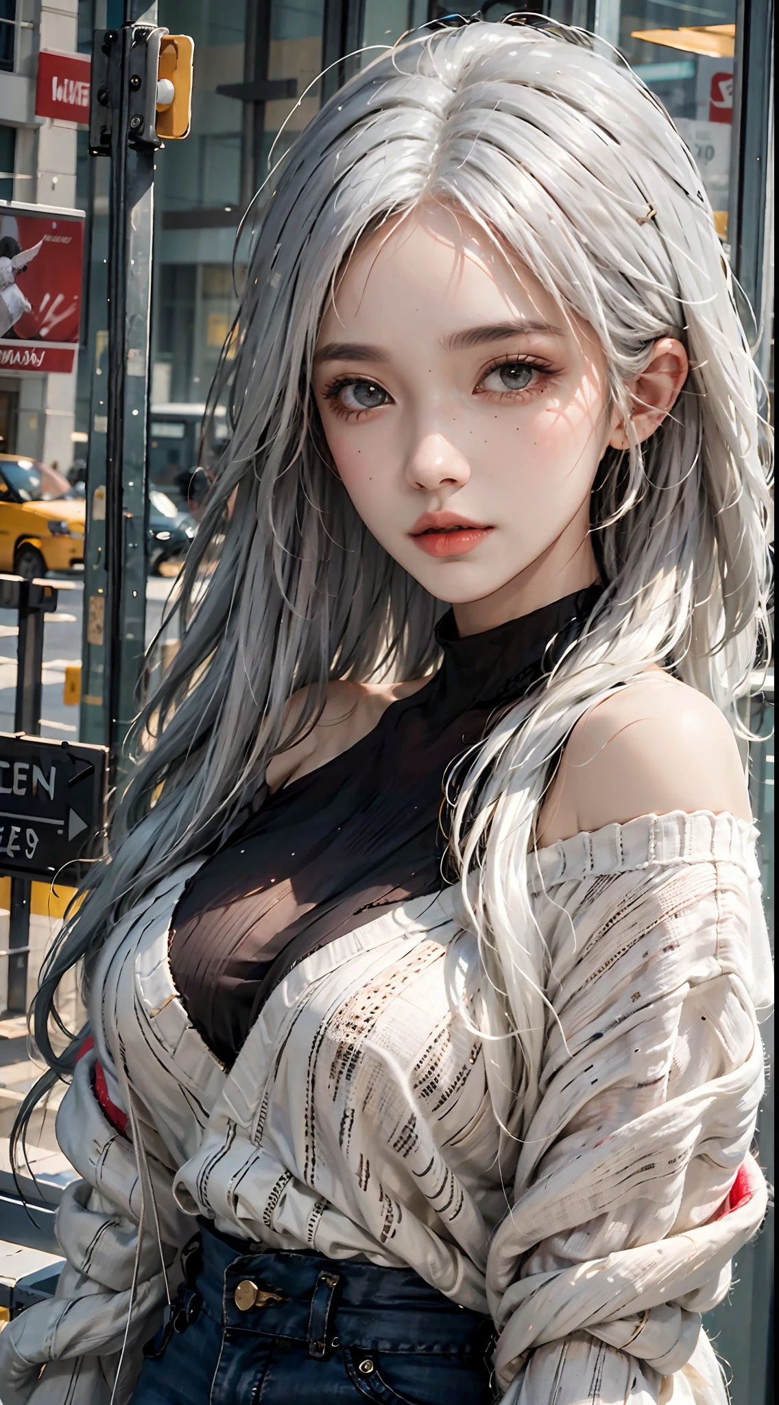lifelike, high resolution, 1 female, alone, Buttocks up, look at the audience, (Detailed face), Willow Yao, closed lips, white hair, long hair, streetwear, jewelry, big breasts,Larger breasts,Sagging breasts