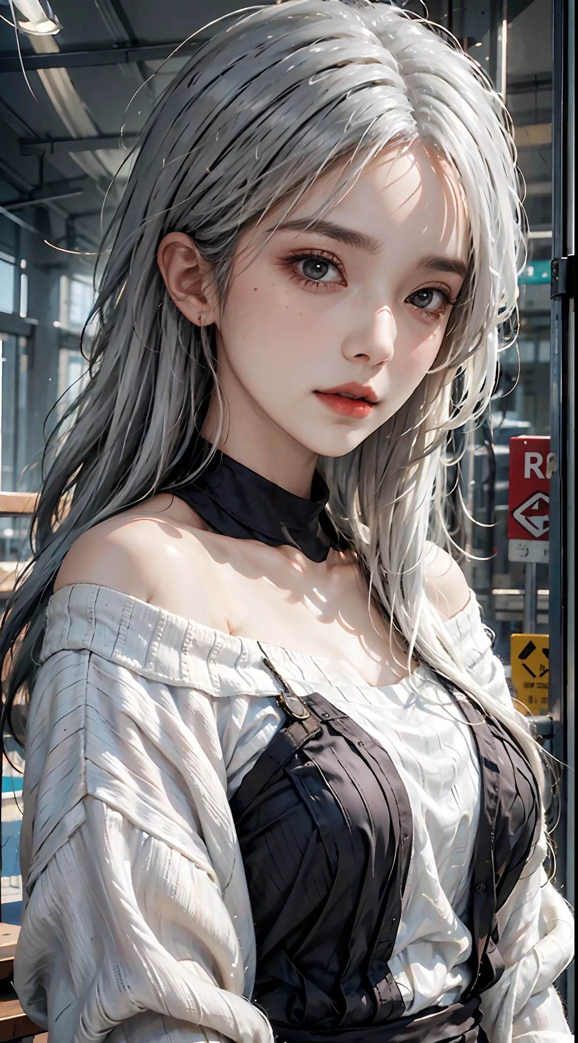 mid-shot, a beautiful woman looking into camera, white hair, off shoulder sweater by Chris Foss autumn lights