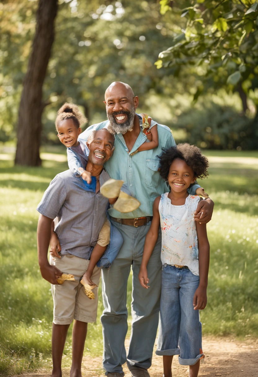 "Produce a photo-realistic image that captures the joy and love of a father with his children on a sunny day in the park. The father, approximately thirty-five years old, wears a blue button-down shirt and jeans. His smile is infectious as he plays with his children. One of the children, a six-year-old boy, has messy hair and is wearing a green T-shirt and shorts. He holds a colorful balloon with one hand and the other is holding his father's hand. The youngest daughter, aged about three, is on her father's shoulders, wearing a yellow dress and a sun hat. She laughs enthusiastically, stretching her arms to the sky. The surrounding park is full of green grass and colorful flowers. The sun shines brightly, creating soft golden reflections on the characters' skin and hair. The expressions of happiness and togetherness between the father and his children should be the main highlight of the image.