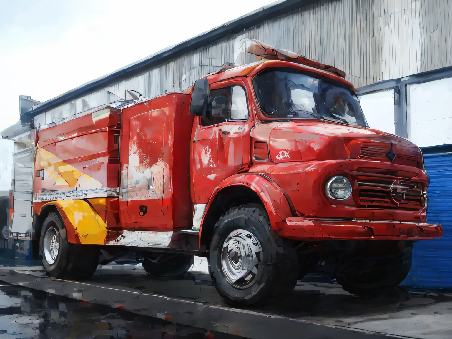 There's a red fire truck, fire truck, headpe, Restaurado, Mercedes, Completo - Vista, Vista frontal e lateral, vista frontal lateral, tiro largo detalhado, Detalhes completos, acrylic, Vindima - W 1 0 2 4, pano de fundo, Jantar completo filmado, espuma, Diy, visto de lado, water color, fundo branco