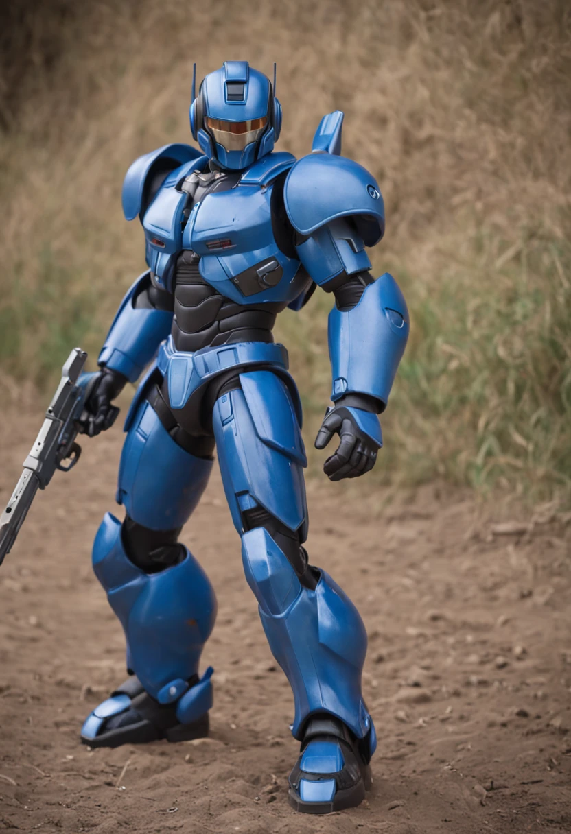 Megaman X, 7 foot tall robot transformers look, full blue armor, full blue helm but open mouth area, large size blue boots up to knee, running at view, large arm weapon aim at view