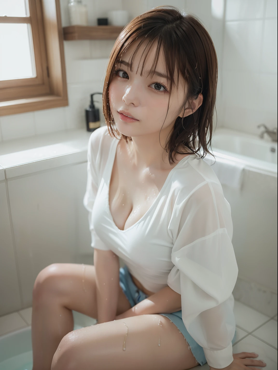 bath、highest quality、High resolution、perfect pixel、8k、finely、perfect dynamic composition、finelyて美しい目、open your legs、shining hair、natural color lip、woman、25 years old、transparent skin、Super detailed、Tank top、shorts、small breasts、small areola、dripping sweat、full of sweat、thin thighs、beautiful feet、delicate、Anguished expression、Face enduring pain、half closed eyes、open mouth