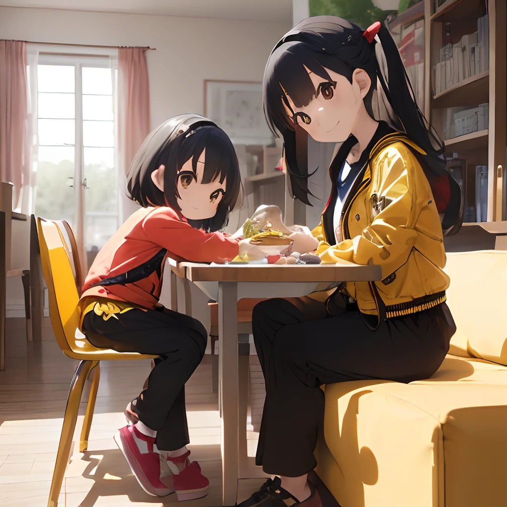 (masutepiece, Best Quality, Capture super cute moments, depth of fields, ultra-detailliert, Ultra High Resolution, C4D, Octadale, 3D Modeling, 8K, one girls、25-years old、A dark-haired、straight haired、Light brown eyes,hair adornments、Yellow jacket、Black pants、(ssmile)、2 yo girls、Red clothes、(Mother and daughter)、(Being in the living room)、(meal together)(sit on the table)、Child sits in a high chair