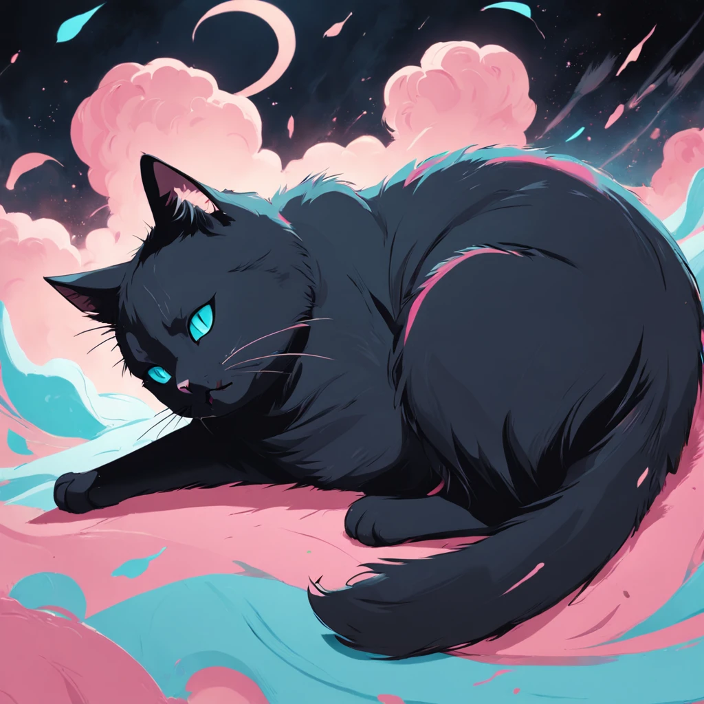 Cat in art, Yawn loudly、leisure、Main color Black, Secondary color cyan, Pastel pink background, artistic, Sophisticated, Warm style, Shapes include abstract cats, Playful forms, Elegant piece, Textures include fur textures, Smooth paint, Fabric texture, The lines contain graceful lines, Natural curves, Delicate silhouette, The shape is elegant, approachable, Expressive, Aesthetic.