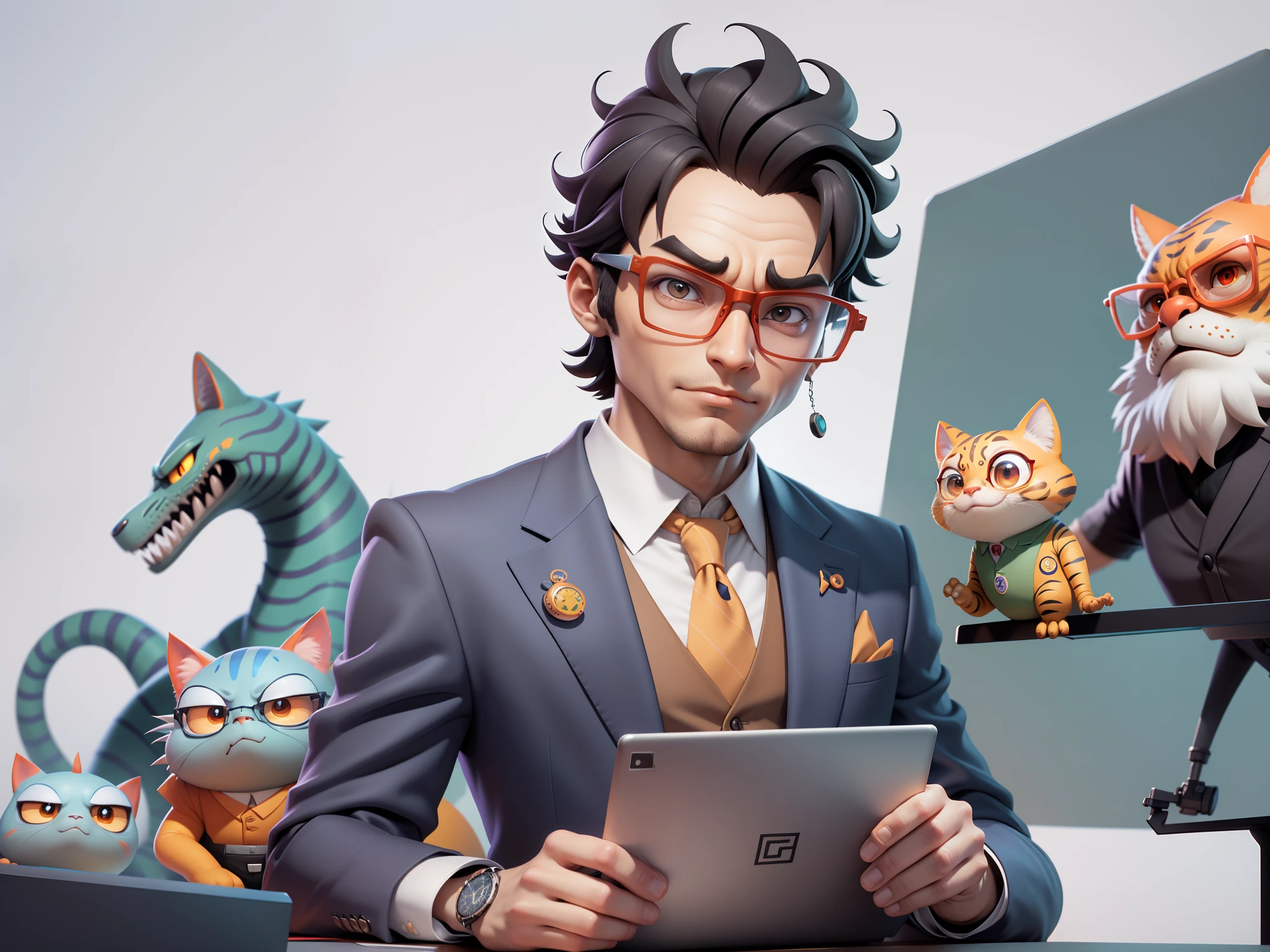 (Masterpiece), (Excellent), (Super Meticulous), (Full Body: 1.2), Super Young Man, Oriental Face, Japanese Kimono, Japanese Wind Thunder God, Dragon, Tiger, TV Anchor, Bust Portrait Illustration, Alone, Black Suit, Blue Tie, Slightly Chubby Face, Silver Glasses, Very Clean Face, No Beard, Black Super Short Hair, Black Eyes, Confident Smile, 3c Computer Sub-Products, iPad, iPhone, Digital Painting, 3D Character Design by Akira Toriyama and Mark Claireden and Pixar and Hayao Miyazaki, The illustration is a high-definition illustration in 4K resolution with very detailed facial features and cartoon-style visuals.