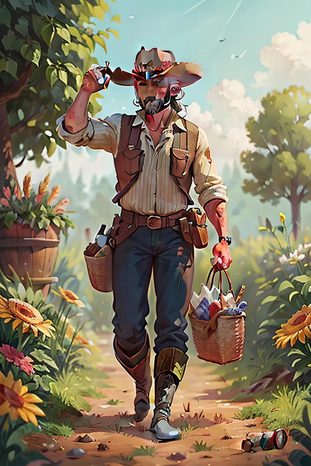 lovely farmer man wearing cowboy hat and boots , holding medicine bottle
