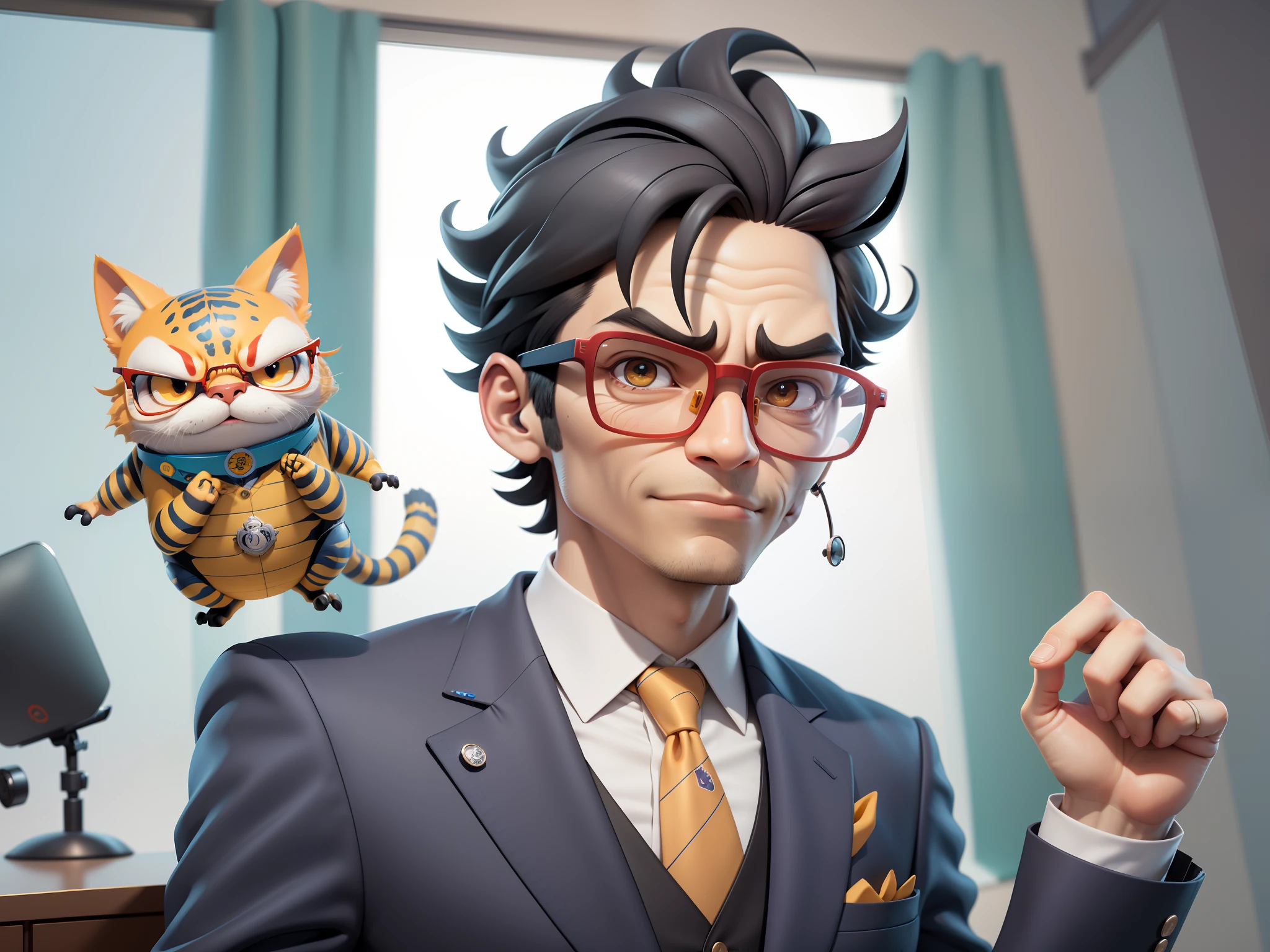 A young man in a suit, Short hair and glasses sat at his desk,holding laptop,digitial painting,tigre,3D character design by Mark Clairen and Pixar and Hayao Miyazaki and Akira Toriyama,4K HD illustration,Very detailed facial features and cartoon-style visuals。