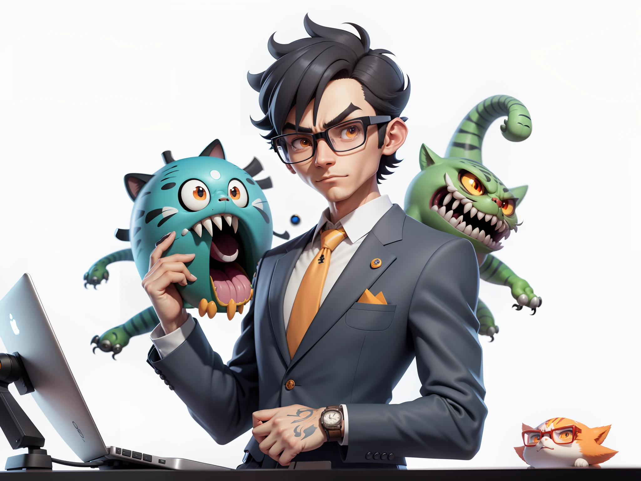 Young man with oriental face in leather hat, dragon, formal suit, short black hair, silver glasses, digital painting, 3D character design by Mark Clairedon and Pixar and Hayao Miyazaki and Akira Toriyama, the illustration is a high-definition illustration in 4K resolution with very detailed facial features and cartoon-style visuals.