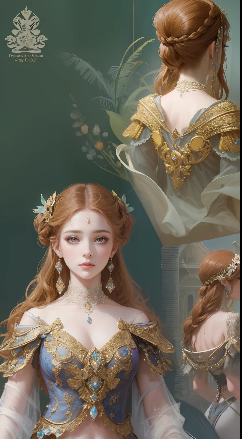 tmasterpiece,Highest high resolution,Dynamic bust of beautiful royal lady,Delicate brown-red braided hair,Purple clear eyes,The hair is covered with beautiful and delicate floral craftsmanship, Crystal jewelry filigree,Ultra-detailed details,upscaled。