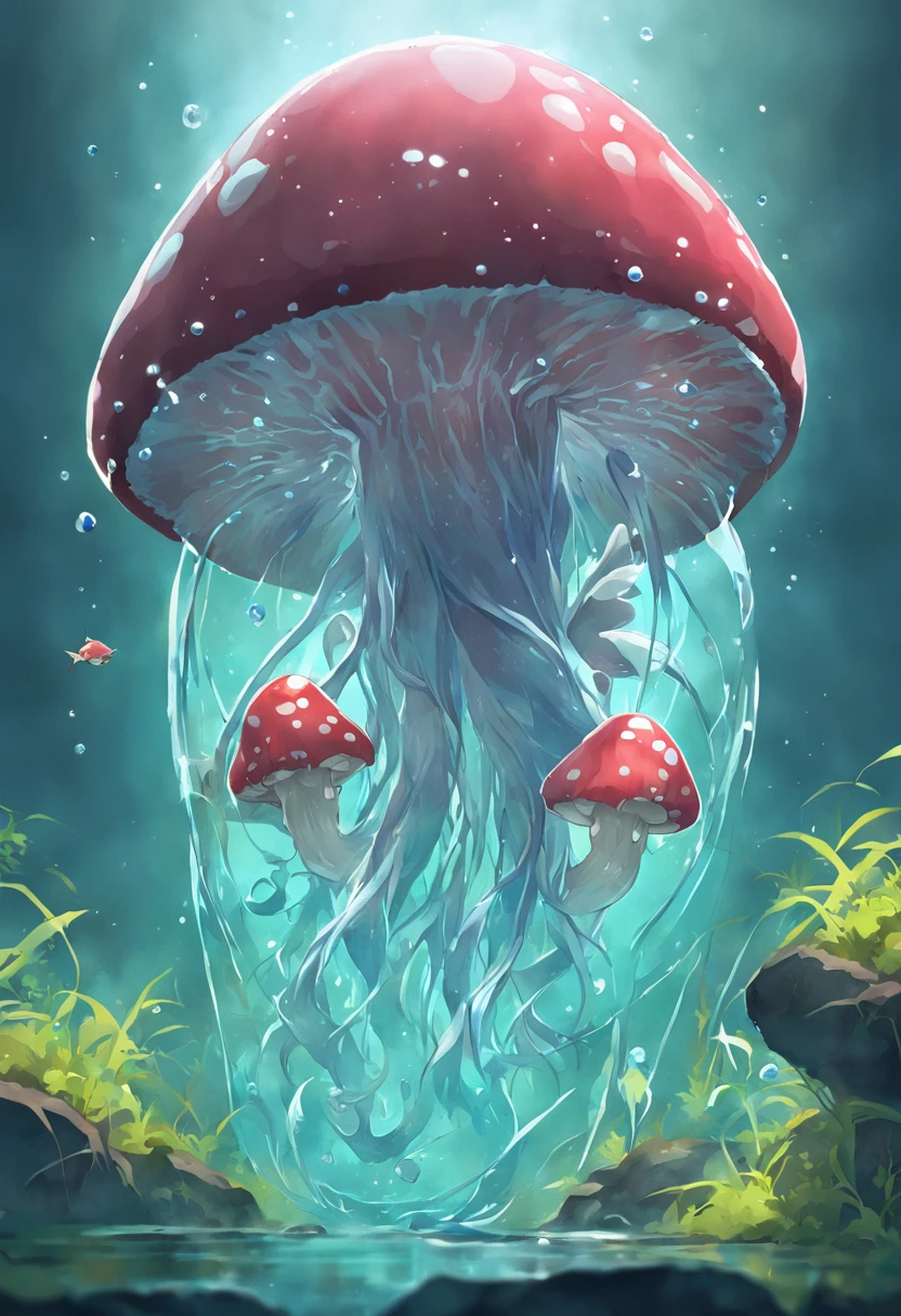 A whimsical illustration of a charming mushroom-inspired slime, blue_slime, masterpiece, fish, rhinestone, wm, b&m, vines, colored skin, realistic, highres, 3d-rendering, clear, fish swimming inside, skin_tone_slime_blue, gills, fins, web fingers, deep sea,
