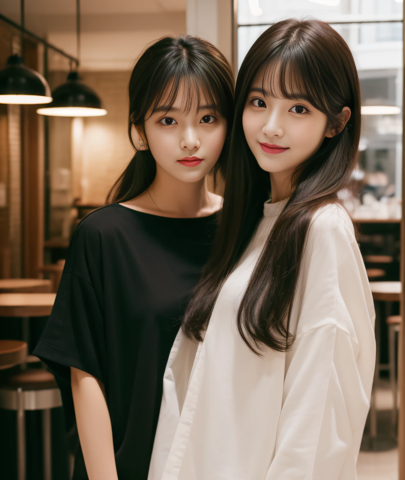 ((Best Quality, 8K, Masterpiece: 1.3)), a beauti, In addition, melon face, Friendly and cute, sweet smile, Pure desire, Slender body, (s whole body), (tilted head), ((looking at camera)), Medium Black Silky Straight Hair, Long flowing shoulders, round black big eyes, clear big eyes, moist red lips, Cafe shop background, ((full body shooting)), ( Oversized casual shirt, miniskirt ), (full body shots)