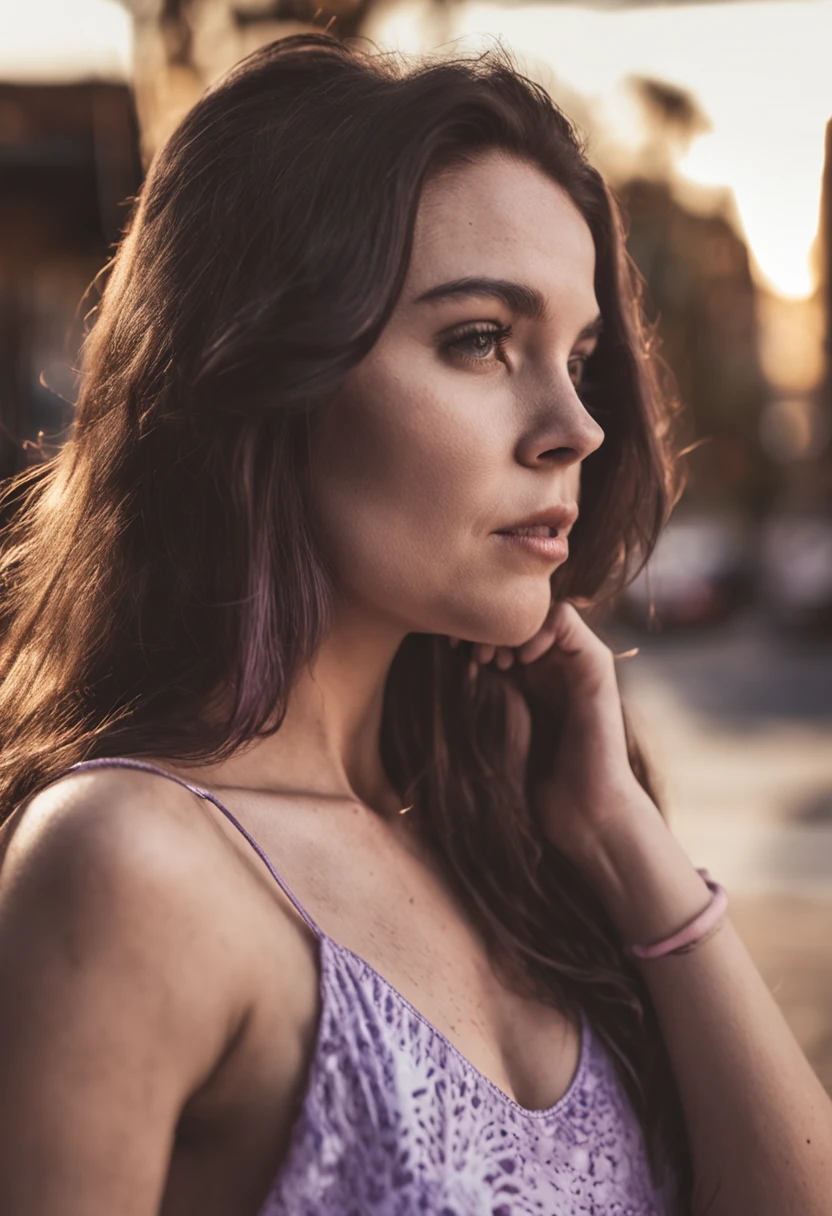 RAW photo, white dark haired girl, clothed, without tattoos, selfie, holding phone, iphone, woman wearing a short purple dress, taking photo, computer , (high detailed skin:1.2), 8k uhd, dslr, soft lighting, high quality, film grain, Fujifilm XT3, we see her from perspective selfie