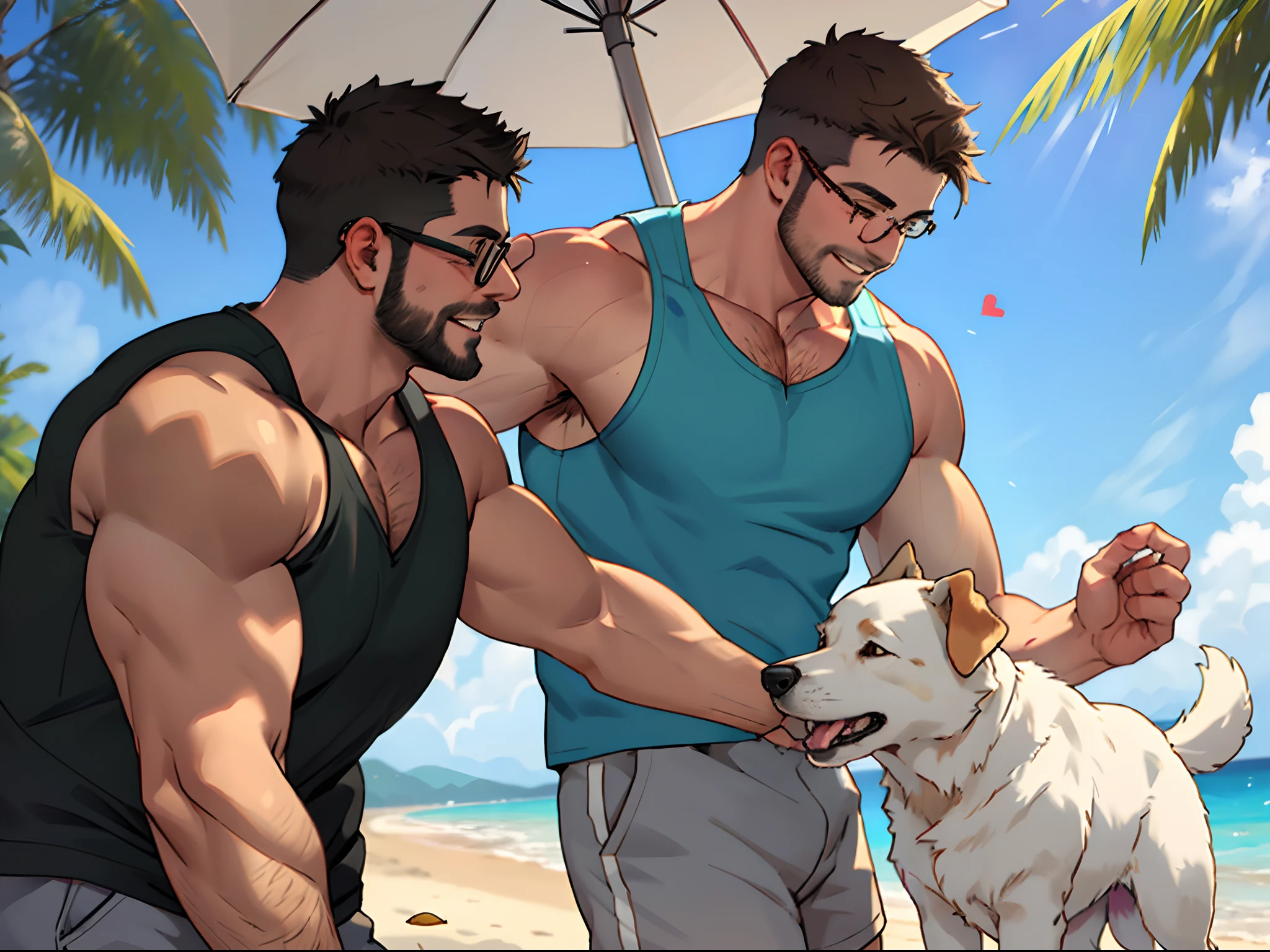 a man with a beard and a golden retriever dog, the man wearing glasses, green tanktop, on the beach, the man playing catch with the dog, the high well detailed, face focus, happy smile, happy dog, heart-warming moment, blue sky, sunlight, seen from the side