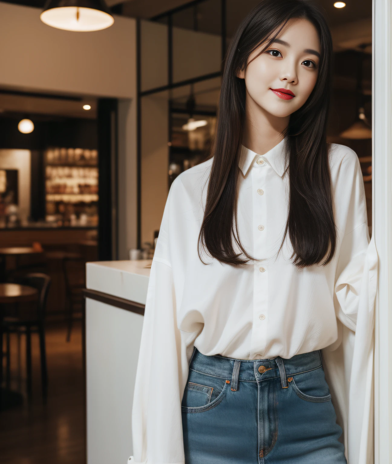 ((Best Quality, 8K, Masterpiece: 1.3)), a beauti, In addition, melon face, Friendly and cute, sweet smile, Pure desire, Slender body, (s whole body), (tilted head), ((looking at camera)), Medium Black Silky Straight Hair, Long flowing shoulders, round black big eyes, clear big eyes, moist red lips, Cafe shop background, ((full body shooting)), ( Oversized casual shirt, miniskirt ), (full body shots)