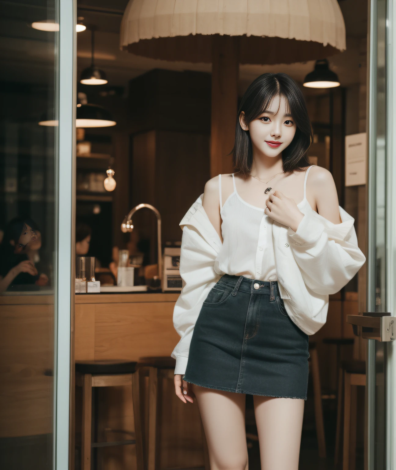 ((Best Quality, 8K, Masterpiece: 1.3)), a beauti, In addition, melon face, Friendly and cute, sweet smile, Pure desire, Slender body, (s whole body), (tilted head), ((looking at camera)), Medium Black Silky Straight Hair, Long flowing shoulders, round black big eyes, clear big eyes, moist red lips, Cafe shop background, ((full body shooting)), ( Oversized casual shirt, miniskirt ), (full body shots)