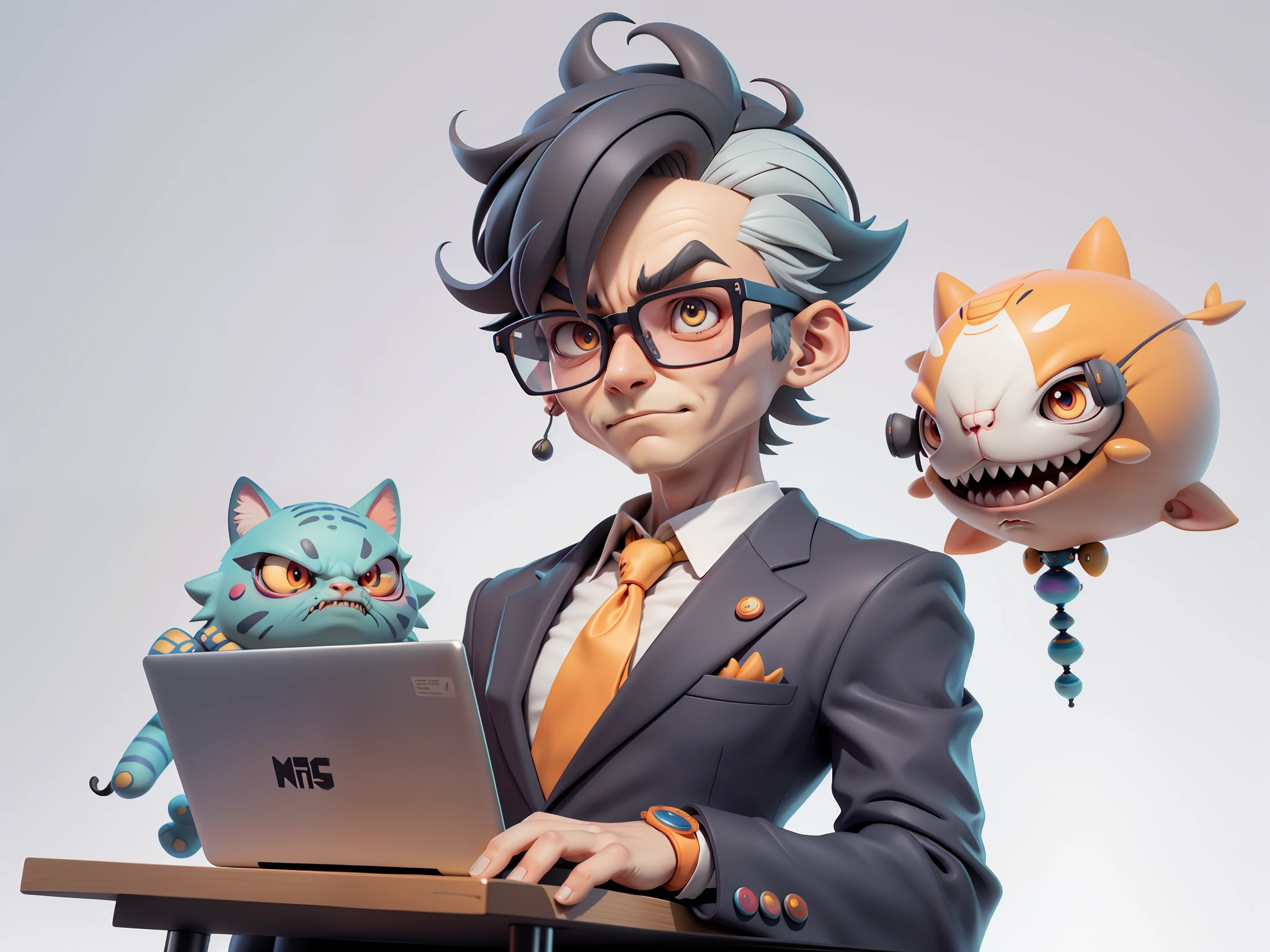 A young man in a suit, Short hair and glasses sat at his desk,holding laptop,digitial painting,tigre,3D character design by Mark Clairen and Pixar and Hayao Miyazaki and Akira Toriyama,4K HD illustration,Very detailed facial features and cartoon-style visuals。