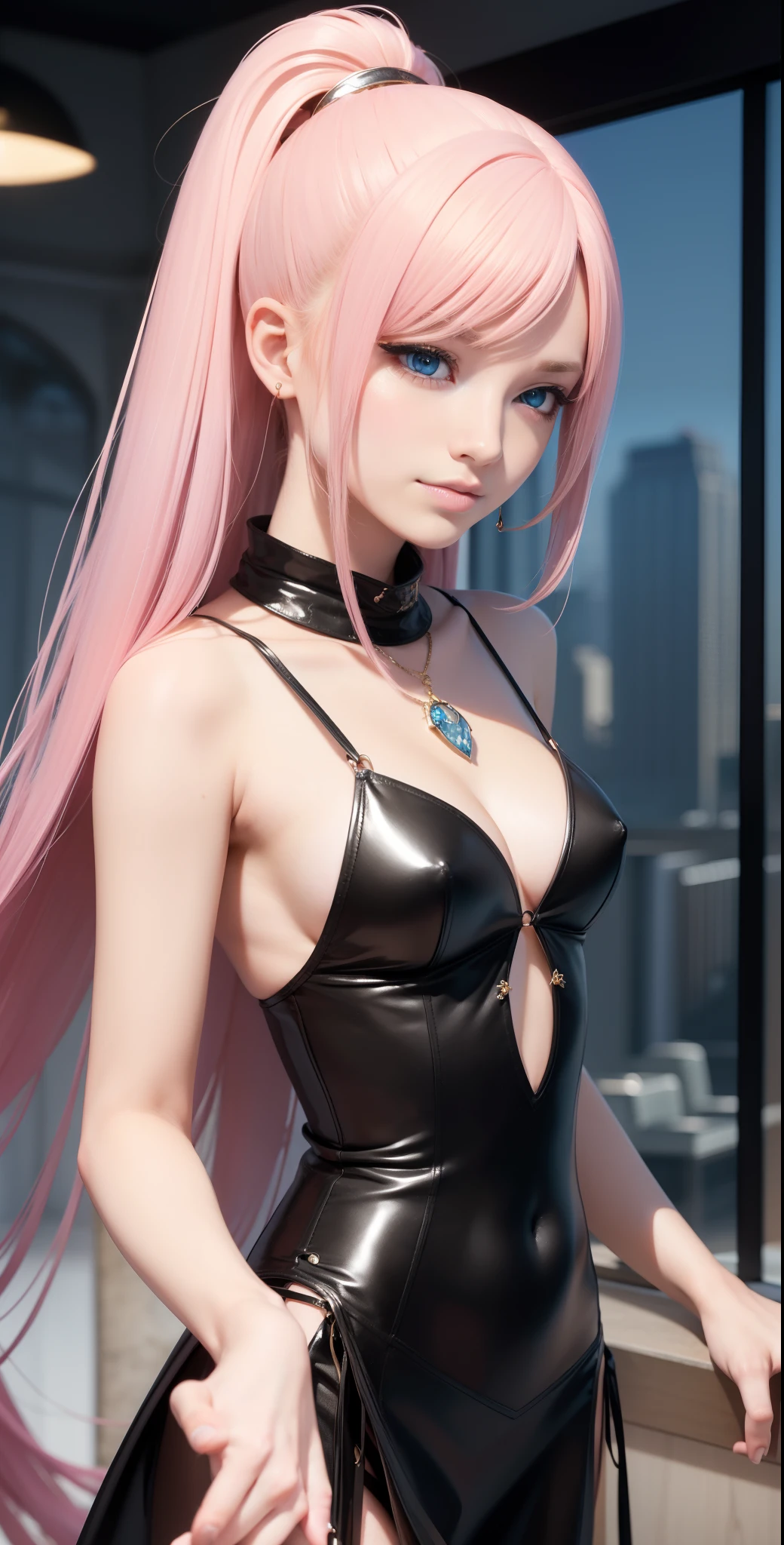 masterpiece, top-quality, Adults, different color, finely eye and detailed face, intricate detailes, Wizarding World Costumes((A black)), Inside the coffee shop, During the walk, A smile, Happiness, tenderness, youthfulness, high-level image quality、 Beautuful Women、tall、window、𝓡𝓸𝓶𝓪𝓷𝓽𝓲𝓬、Englishman, Idol Photos, k pop, Professional Photos, the witch, Fedoman with necklace, inspired by Sim Sa-jeong, Androgynous witch, :9 detailed face: 8, extra detailed face, detailed punk hair, ((Light blue eyes)) baggy eyes, Seductive. Highly detailed, semi realistic anime, Vampires, hyperrealistic , Delicate androgynous princess, imvu, Woman with long hair, Gentle smiling woman, Sexy face, glamor, sexypose, ((Woman with pretty long pink hair and light blue eyes)),