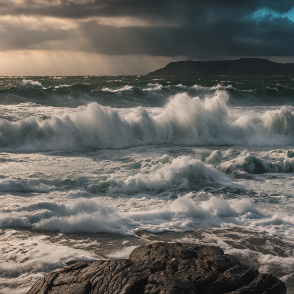 A turbulent storm raging over a vast expanse of ocean, the waves crashing against the rocky shoreline.