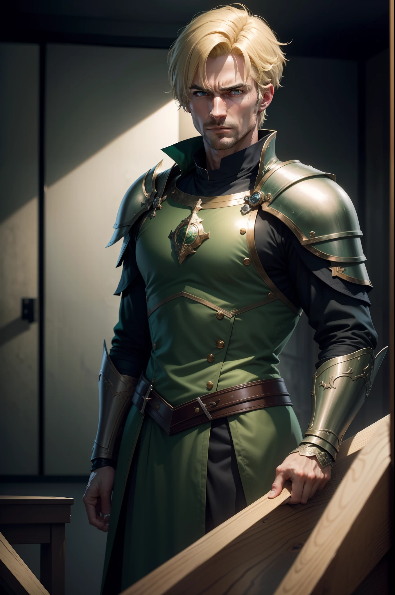 realistic 8k image of a handsome man in his 30s, blond with short hair, strong, extremely detailed green eyes, dressed in dark cleric clothes and with dark green shoulder pads warrior rpg style, irritated expression, standing in an interrogation room , anime style art