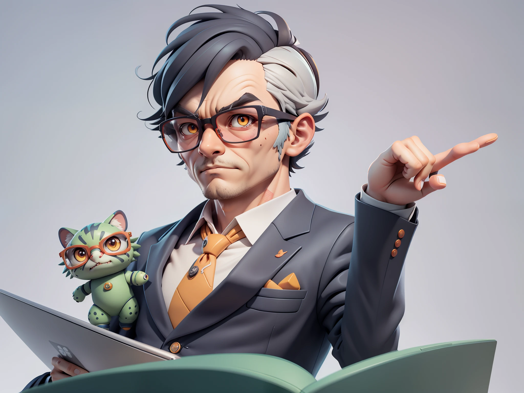 A young man in a suit, Short hair and glasses sat at his desk，holding laptop，digitial painting，tigre，3D character design by Mark Clairen and Pixar and Hayao Miyazaki and Akira Toriyama，4K HD illustration，Very detailed facial features and cartoon-style visuals。