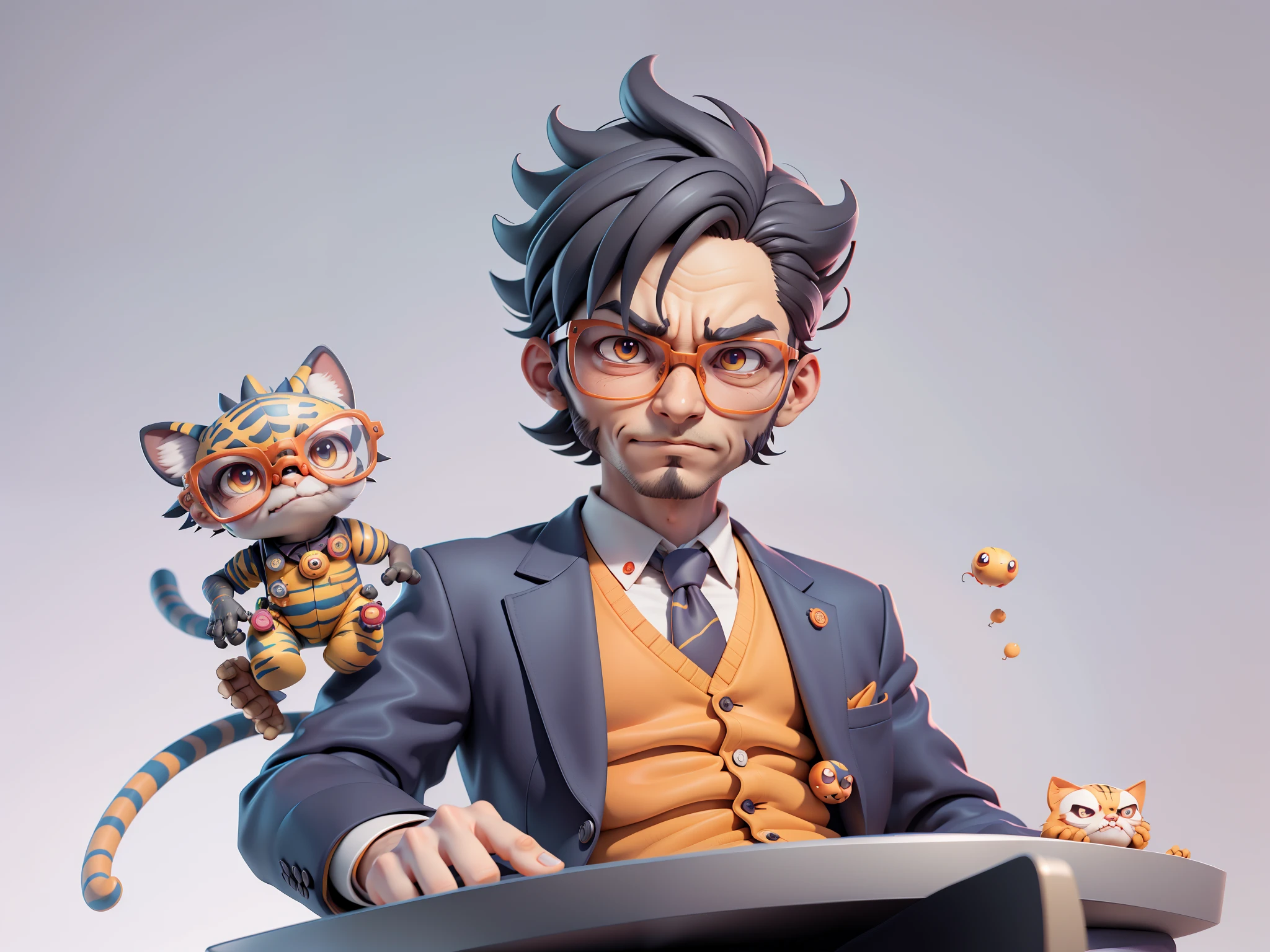 A young man in a suit, Short hair and glasses sat at his desk，holding laptop，digitial painting，tigre，3D character design by Mark Clairen and Pixar and Hayao Miyazaki and Akira Toriyama，4K HD illustration，Very detailed facial features and cartoon-style visuals。