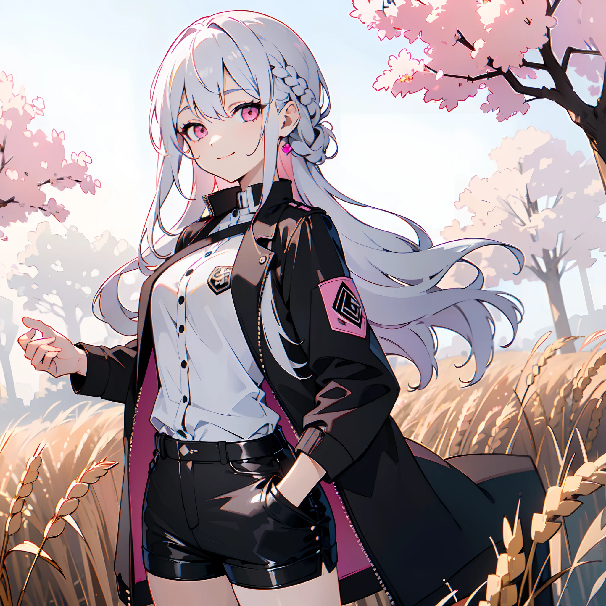 ((masterpiece, best quality, high-res)), medium breasts silver hair, long hair, french braid, pink eyes, white shirt, button shirt, (black jacket, long jacket:1.3), (leather shorts:1.2), head tilt, evil smile, looking at viewer, outdoors, wheat field, trees