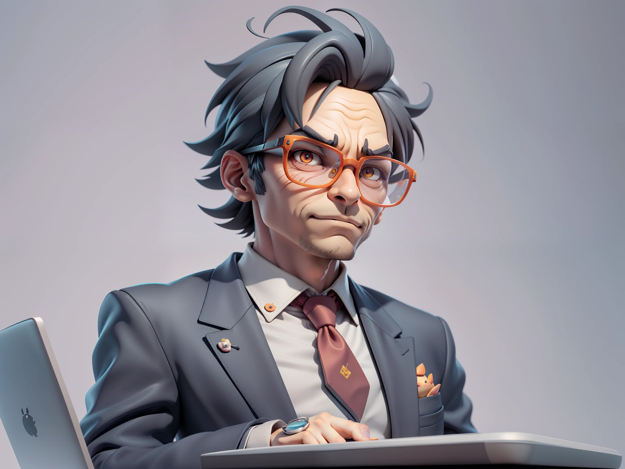 A young man in a suit, Short hair and glasses sat at his desk，holding laptop，digitial painting，tigre，3D character design by Mark Clairen and Pixar and Hayao Miyazaki and Akira Toriyama，4K HD illustration，Very detailed facial features and cartoon-style visuals。