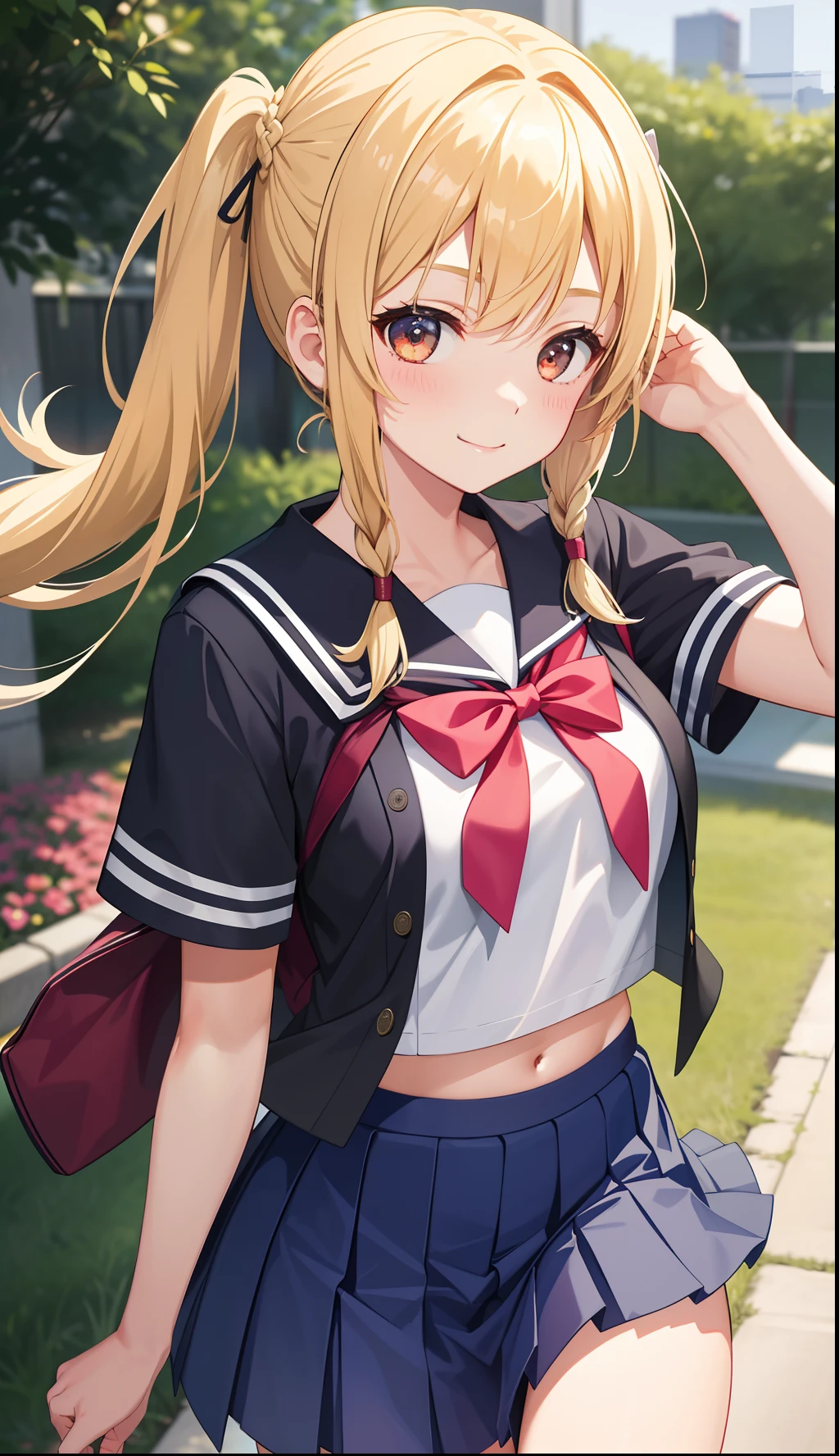 1girl in、A smile、The shirt、skirt by the、（small tits）Chilarism、Japan High School Student Uniform、serafuku、summer clothing、（Sheer Bra）、Upper body portrait、blonde  hair、Braids、pigtails hair、Dynamism!!Running with the wind、