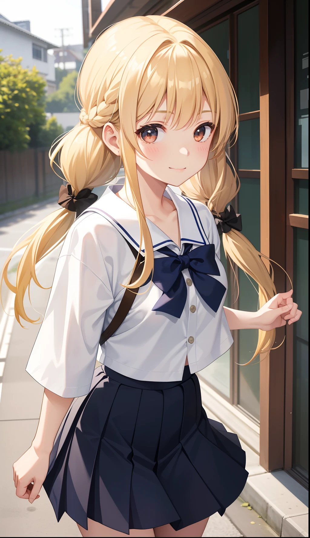 1girl in、A smile、The shirt、skirt by the、(small tits)Chilarism、Japan High School Student Uniform、serafuku、summer clothing、Run briskly、(Sheer Bra)、Upper body portrait、blonde hair、
