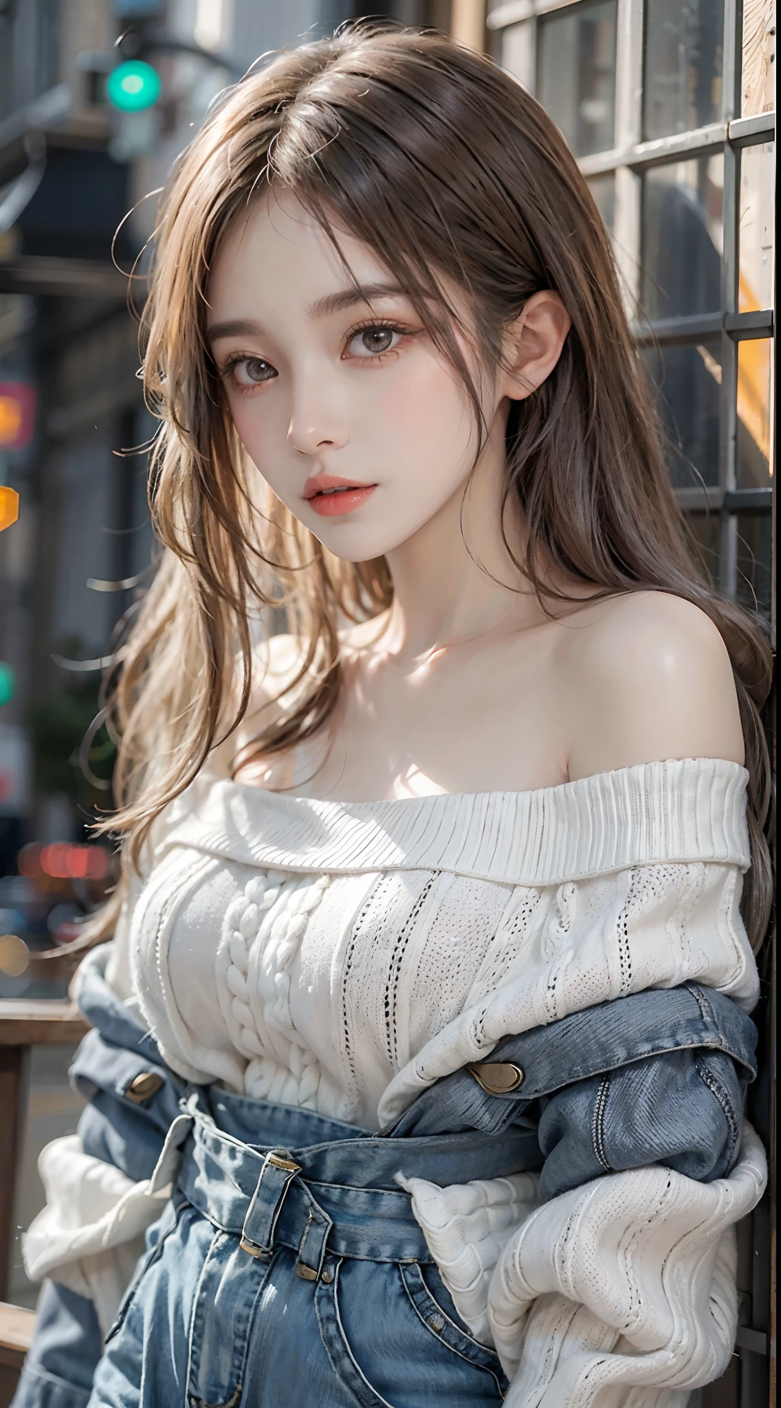 mid-shot, a beautiful woman looking into camera, white hair, off shoulder sweater by Chris Foss autumn lights
