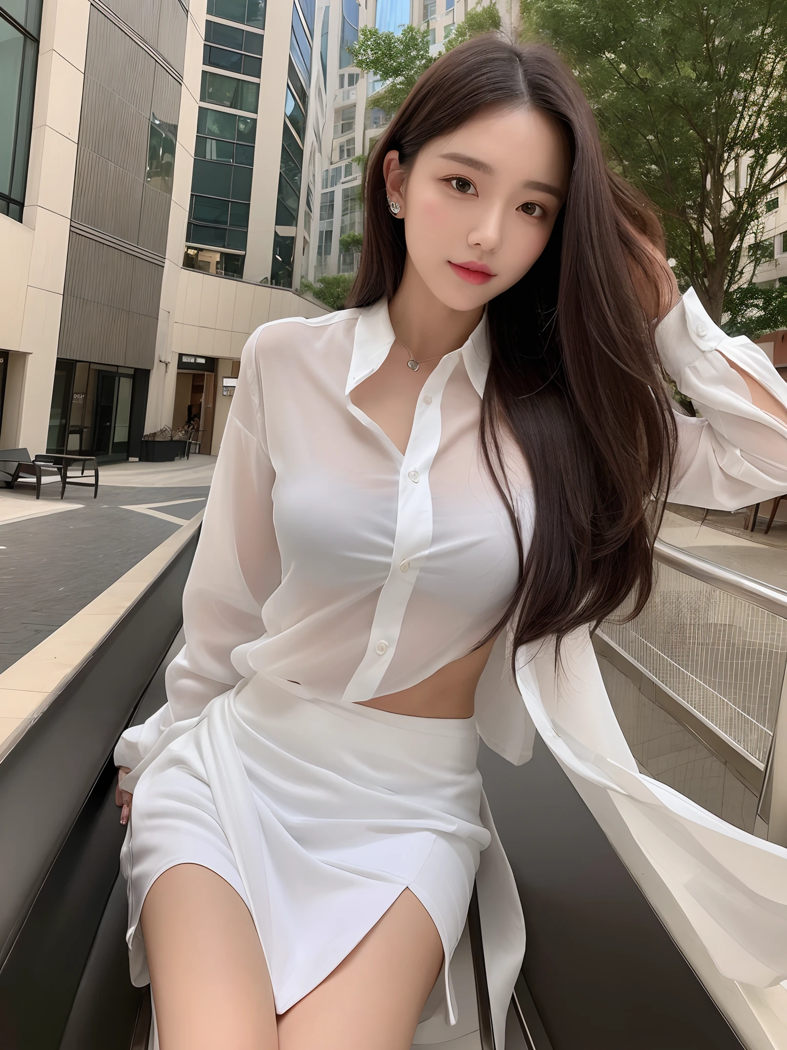 (Best Quality, 8K, Masterpiece, Ultra HD: 1.3), (K-Pop Idol: 1.6), 1 Pretty Girl, (Big: 1.2), (Long Hair), Abs, Perfect Figure, Ultra Fine Face, Delicate Lips, Beautiful Eyes, Double Eyelids, fine hands, Super fine finger, body suit transparent, White Tight Shirt, Short skirt (Sultry) ((Aroused: 1.5)), Detailed , open shirt , luxury hotel five star,