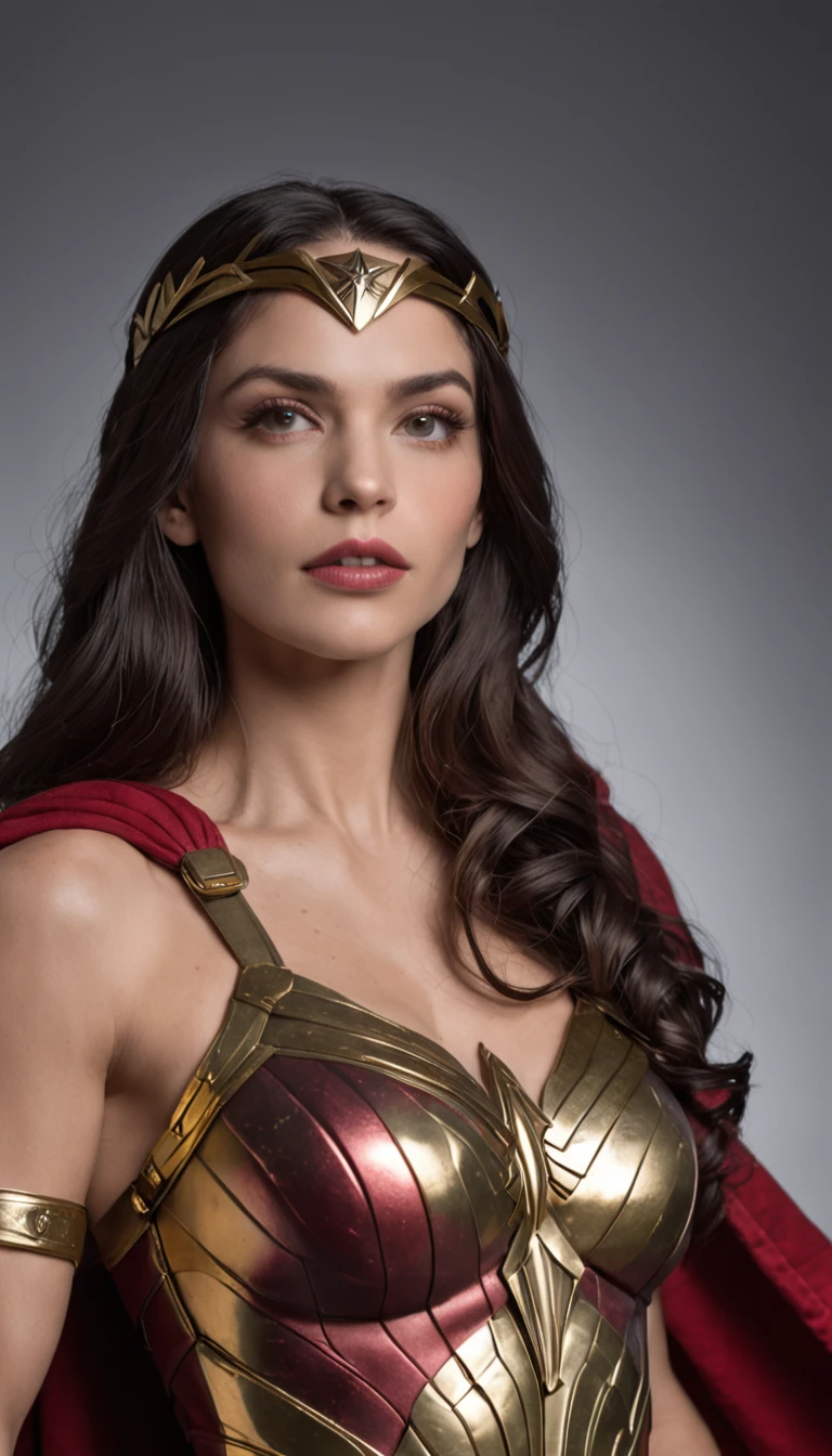 Patricia 1 as Wonder Woman's iconic superheroine, known for its strength, courage and compassion;. His face exudes determination and a sense of justice. His piercing eyes reflect his unwavering determination and compassion for others. Her dark hair falls in lush waves framing her face with elegance. She wears her iconic red costume, azul e dourado;. em torno de sua cintura, Ela usa um cinto de ouro com um destaque "em" simbol. Their accessories include golden gauntlets on their arms, servindo como armadura defensiva e armas poderosas. Ela usa botas vermelhas e brancas que lhe proporcionam estabilidade e aumentam sua velocidade e agilidade. Carry the Lasso of Truth, uma corda de ouro que obriga qualquer um apanhado ao seu alcance a dizer a verdade.