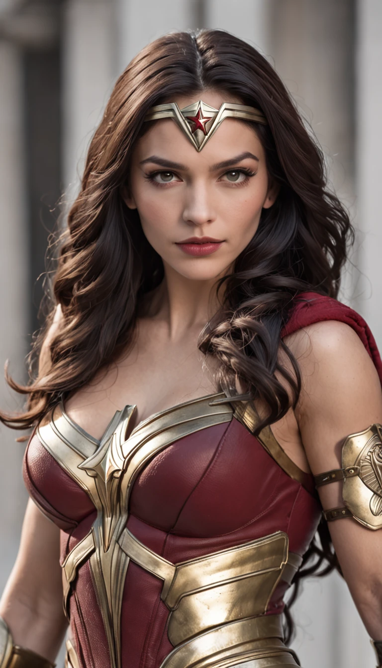 Patricia 1 as Wonder Woman's iconic superheroine, known for its strength, courage and compassion;. His face exudes determination and a sense of justice. His piercing eyes reflect his unwavering determination and compassion for others. Her dark hair falls in lush waves framing her face with elegance. She wears her iconic red costume, azul e dourado;. em torno de sua cintura, Ela usa um cinto de ouro com um destaque "em" simbol. Their accessories include golden gauntlets on their arms, servindo como armadura defensiva e armas poderosas. Ela usa botas vermelhas e brancas que lhe proporcionam estabilidade e aumentam sua velocidade e agilidade. Carry the Lasso of Truth, uma corda de ouro que obriga qualquer um apanhado ao seu alcance a dizer a verdade.