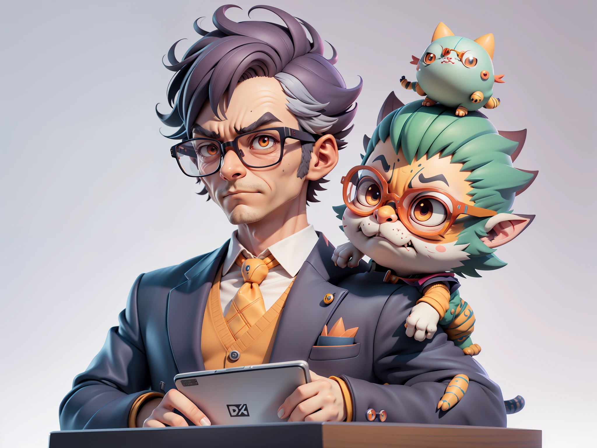 A young man in a suit, Short hair and glasses sat at his desk,holding laptop,digitial painting,tigre,3D character design by Mark Clairen and Pixar and Hayao Miyazaki and Akira Toriyama,4K HD illustration,Very detailed facial features and cartoon-style visuals。